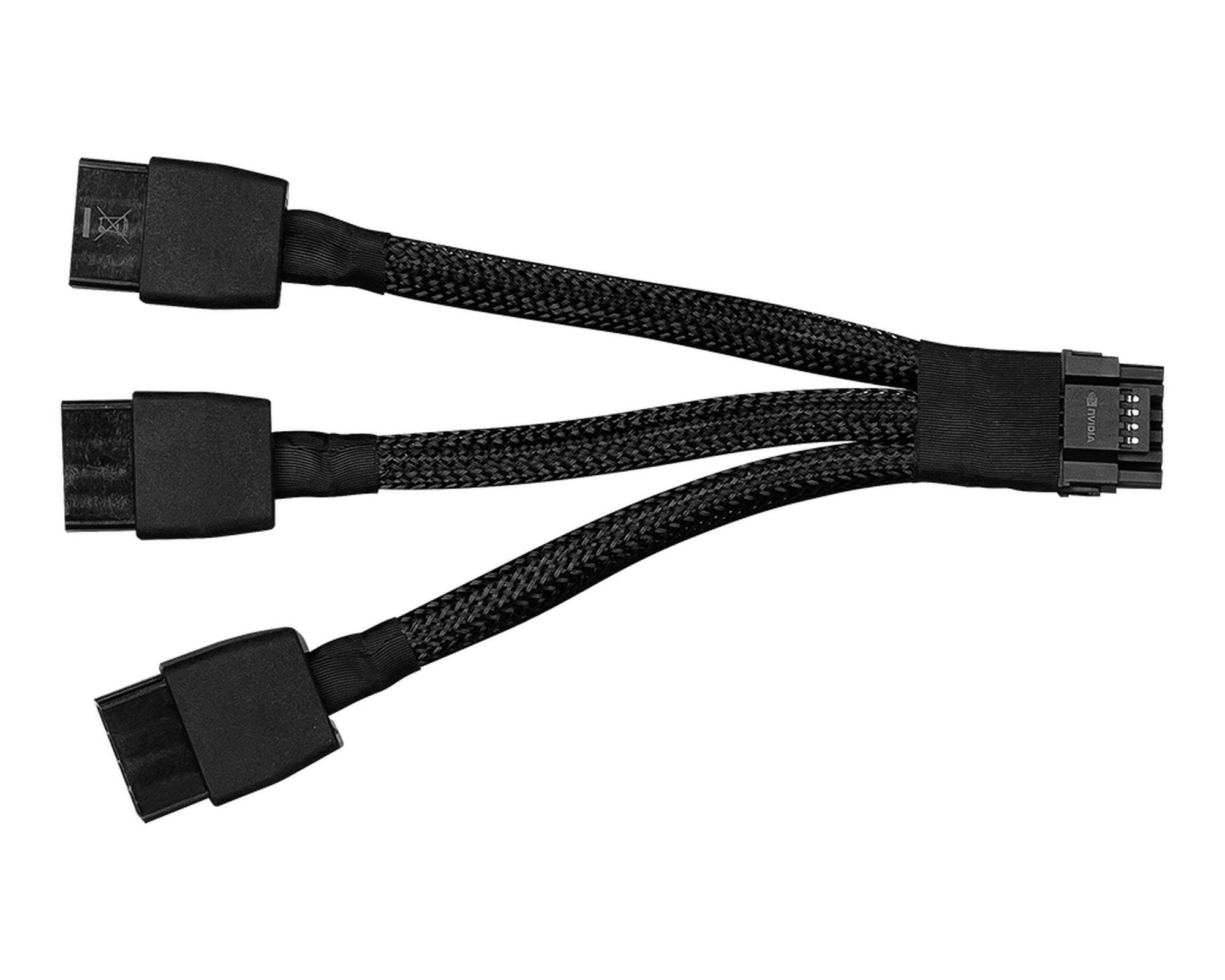Cavo a Y intrecciato nero con tre connettori. Lo sfondo è bianco.