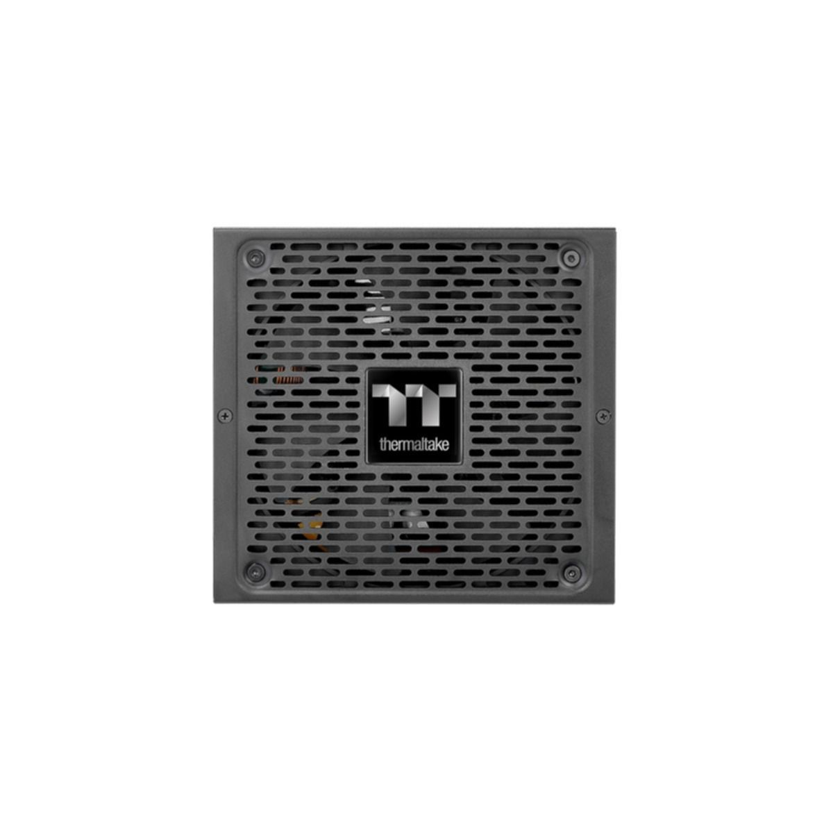 Ein schwarzes Thermaltake-Netzteil mit Gittermuster und dem Firmenlogo in der Mitte.