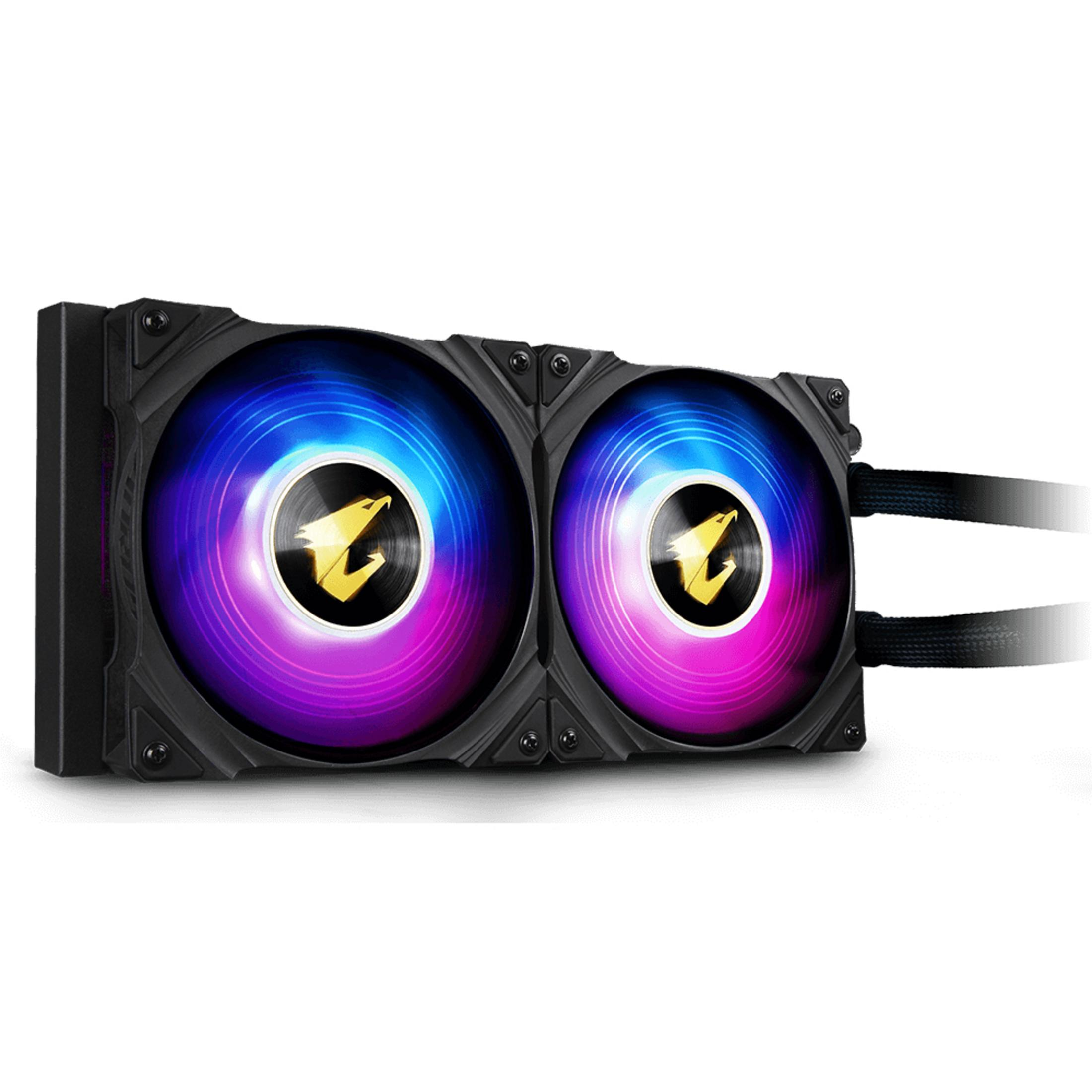 Dissipatore per PC nero con due ventole con illuminazione RGB. Ventole circolari con logo dorato.