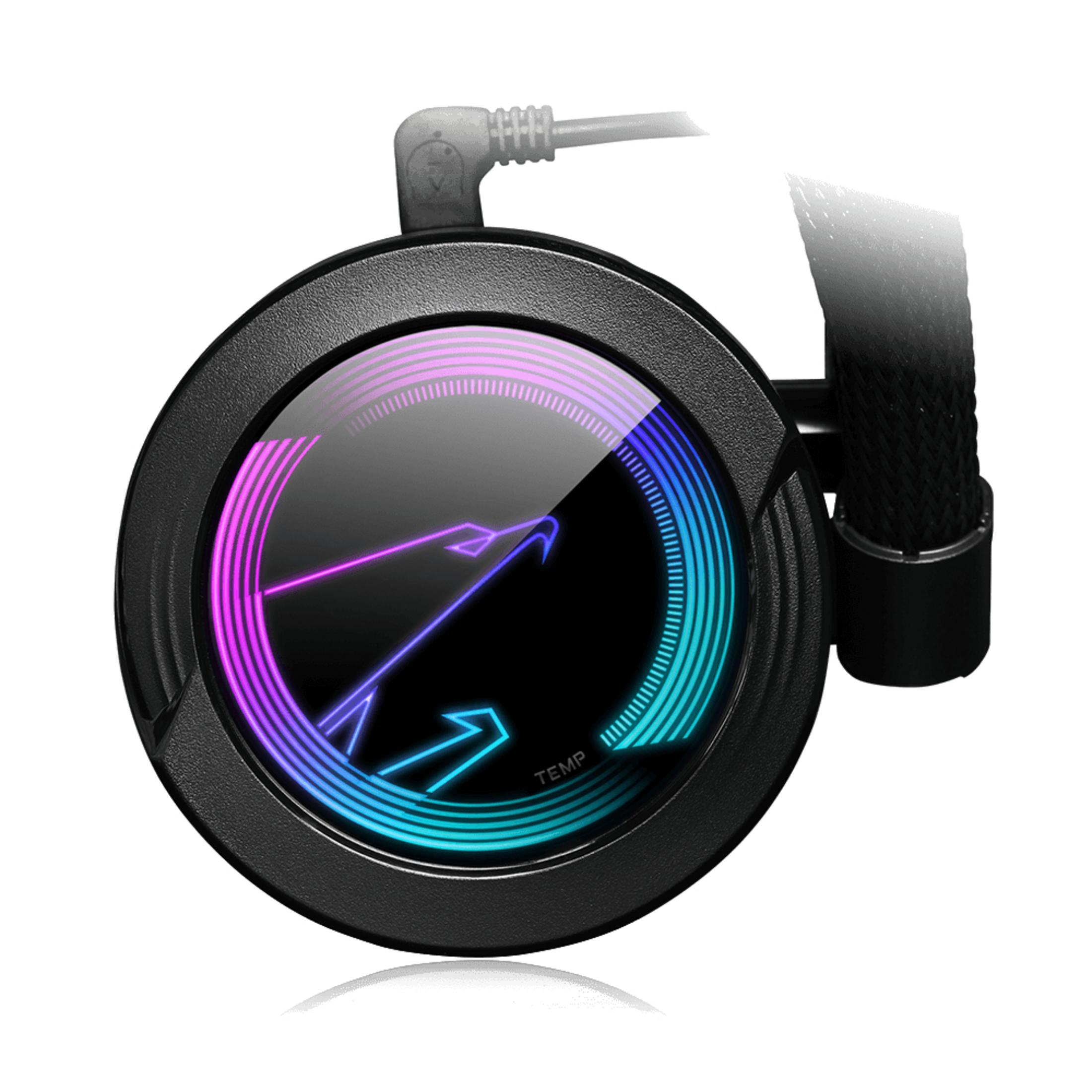 Czarny i ciemnoszary chłodnica cieczy do komputera. Ma okrągły ekran z kolorową grafiką i kablem na górze.