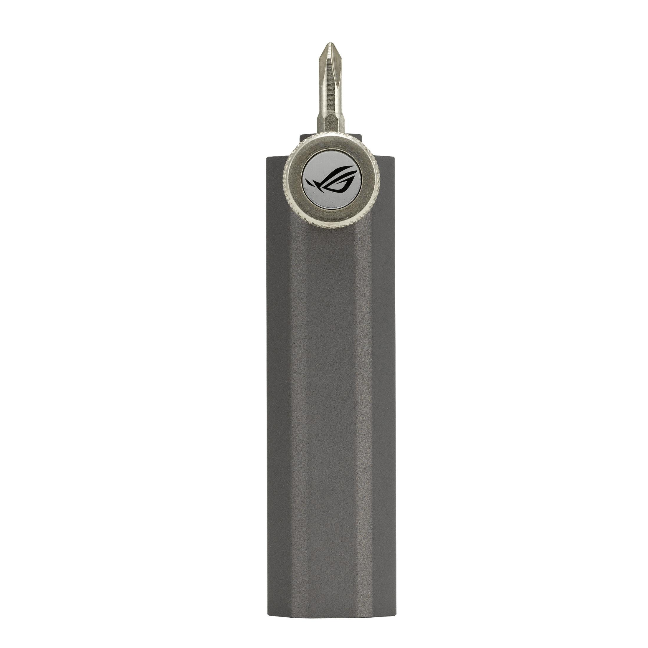 Cacciavite grigio con logo ROG e punta intercambiabile.