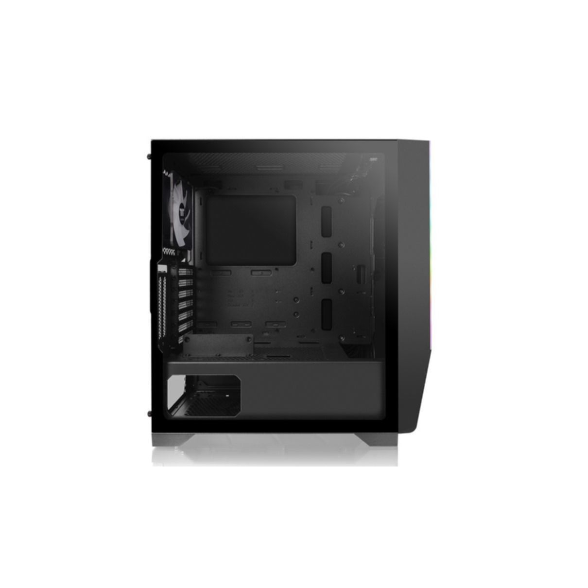 Czarna obudowa komputera, otwarta, z widocznymi elementami, na białym tle.