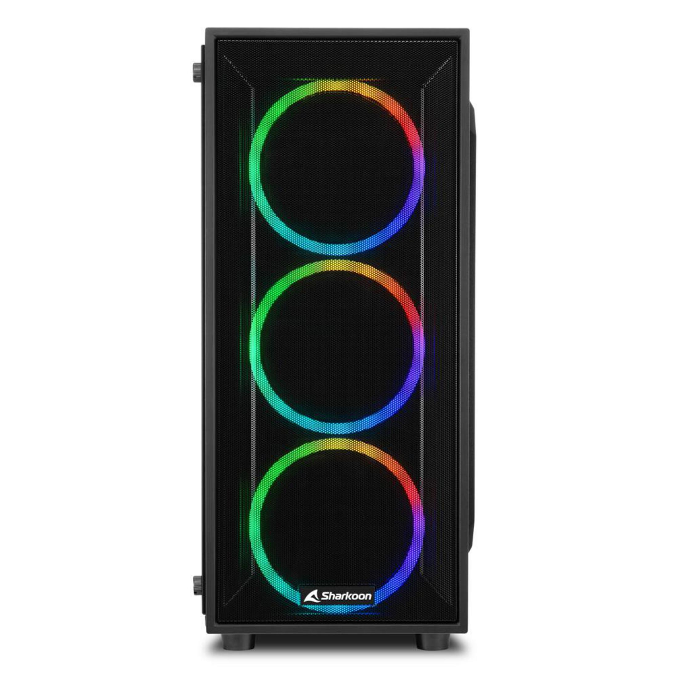 Computer case with a mesh front and three RGB fans. Sharkoon logo at the bottom.