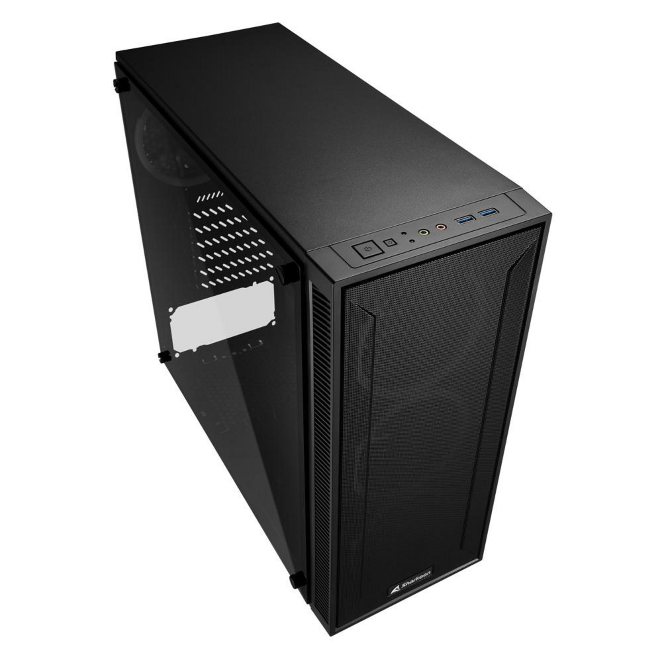 Black computer case, angled view, with a glass side panel, mesh front, and top ports. Isolated on white.