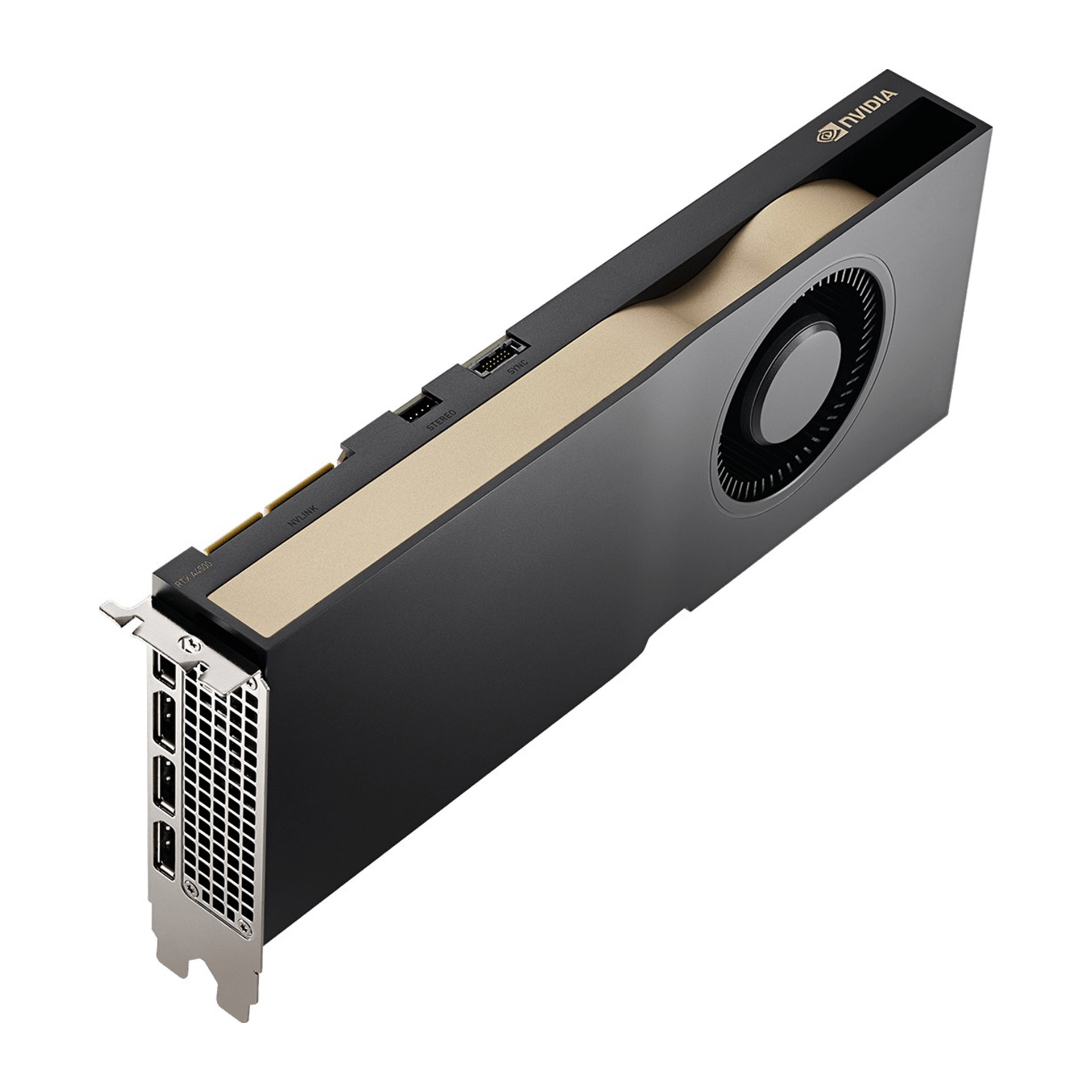 NVIDIA-Grafikkarte auf weißem Hintergrund. Eine schwarz-goldene Grafikkarte mit mehreren Anschlüssen.