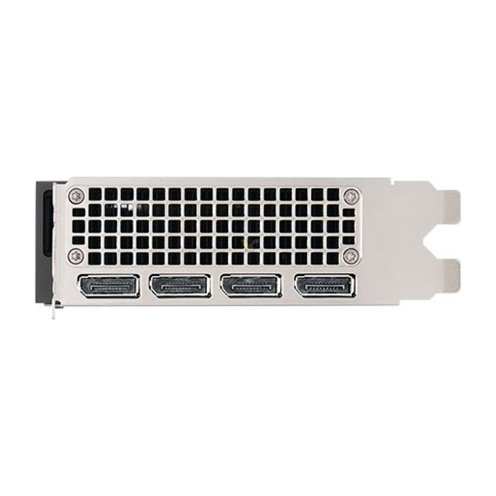 Rückansicht der Grafikkarte mit vier DisplayPort-Anschlüssen und einem Gitter.