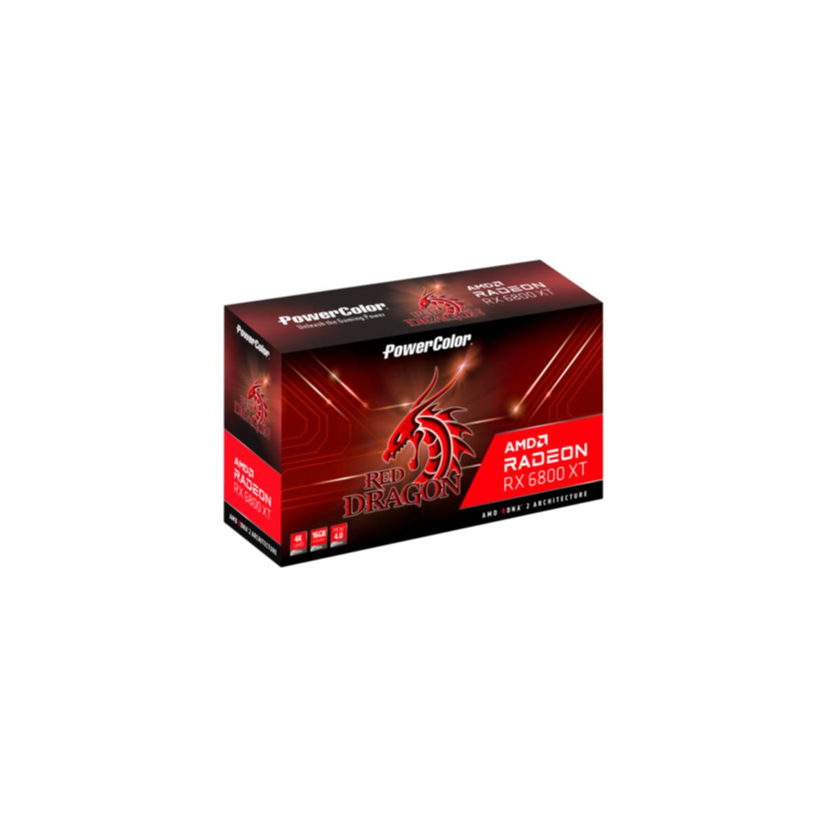 Rote und schwarze PowerColor-Box mit Radeon RX 6800 XT Grafikkarten-Info.