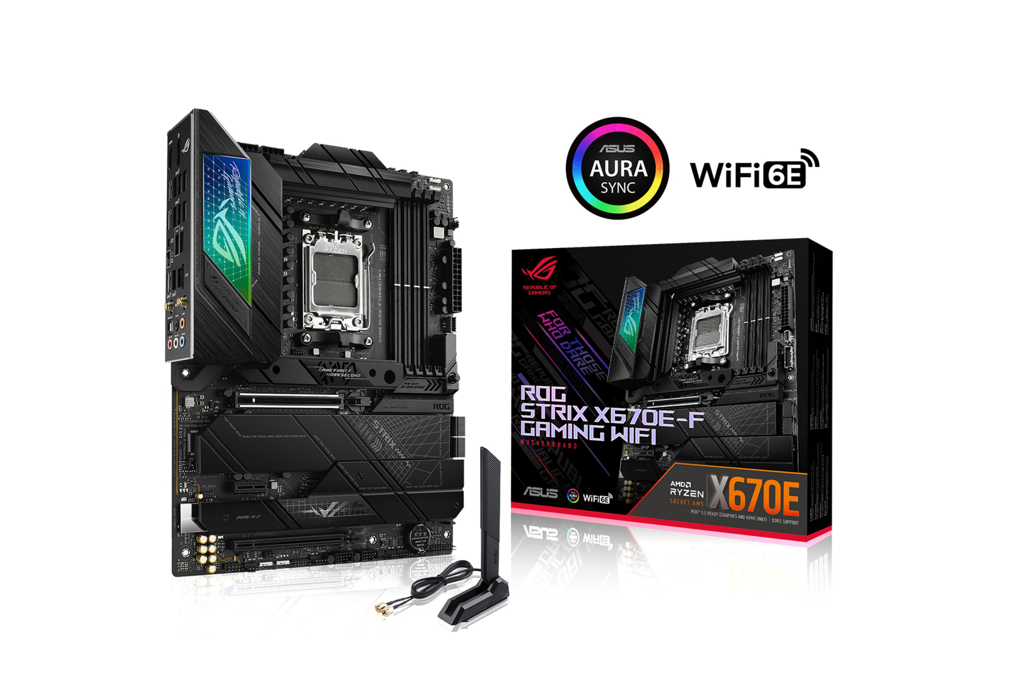 Carte mère gaming avec boîte, ROG Strix X670E, WiFi 6E et logos ASUS Aura Sync.