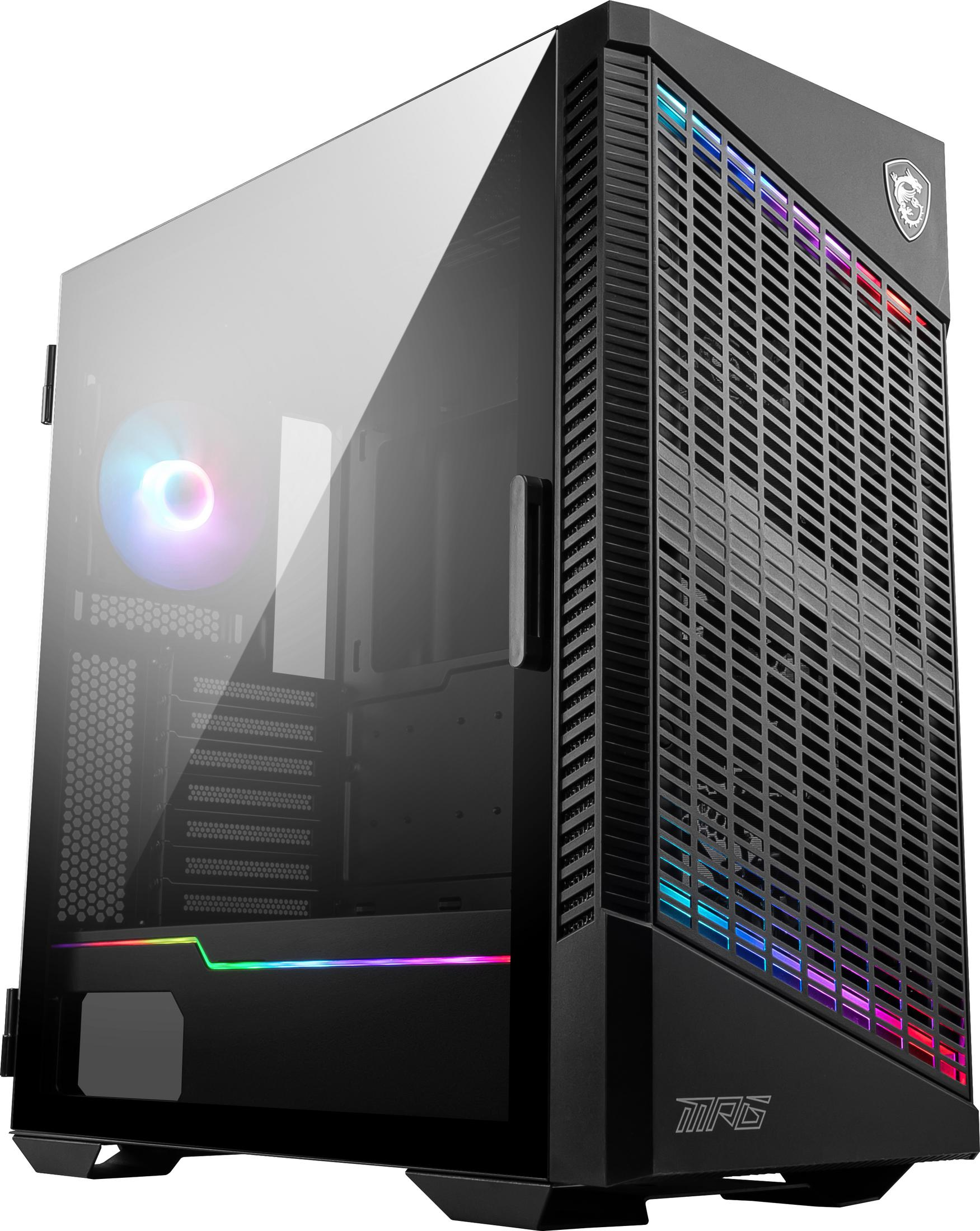 Czarna obudowa komputera gamingowego MSI z szklanym panelem bocznym i światłami LED.
