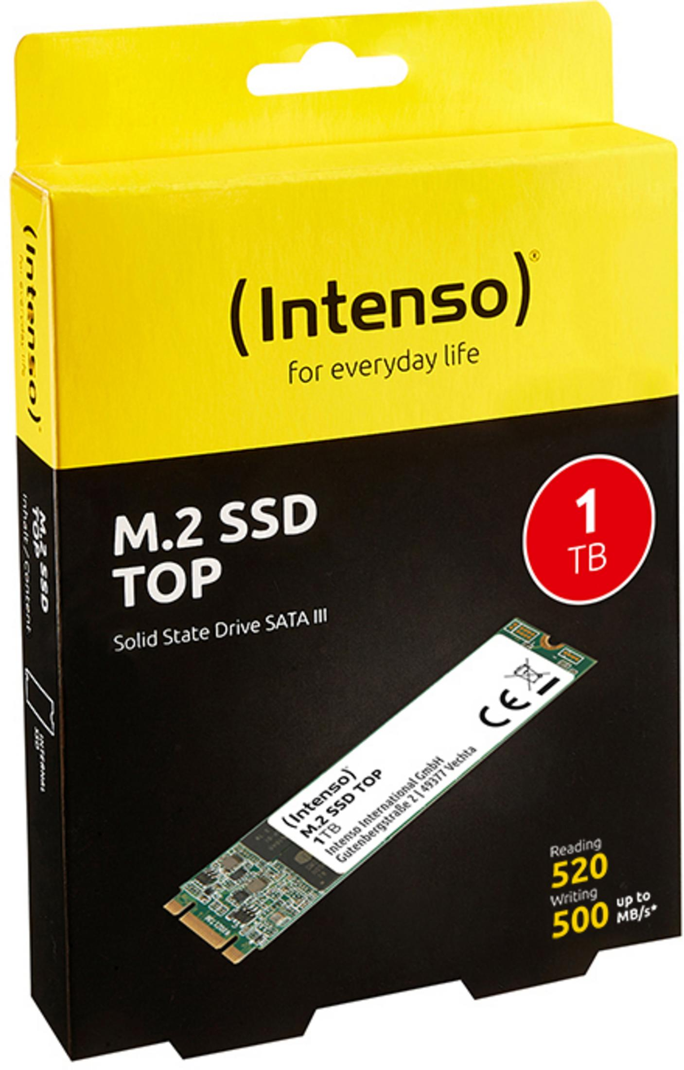 Żółte i czarne pudełko na dysk SSD M.2. Tekst: (Intenso) na co dzień i 1 TB.