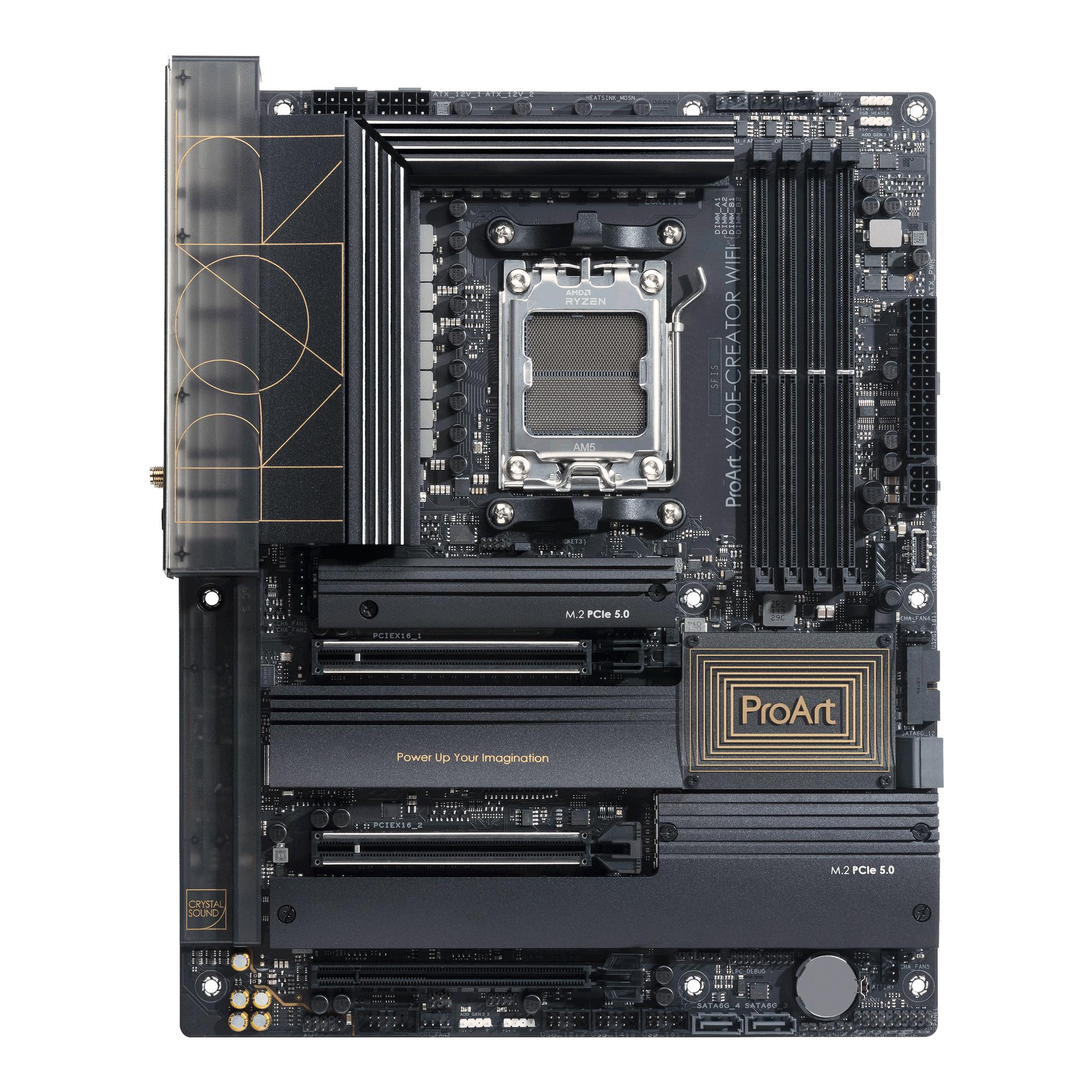 Scheda madre per computer nera. Ha diversi componenti, tra cui un socket CPU, slot RAM e un logo ProArt.