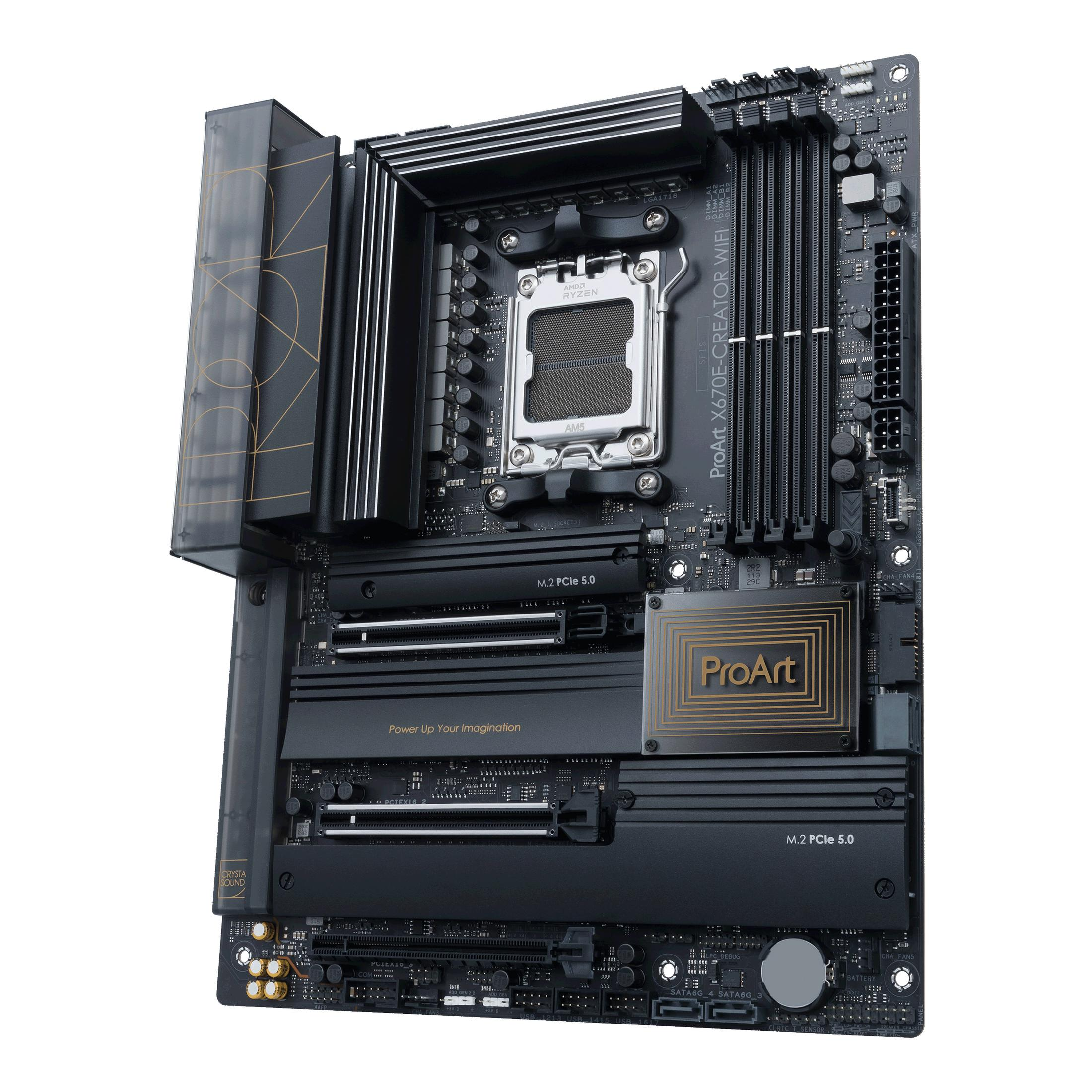 Una scheda madre per computer nera con più slot e porte, vari componenti etichettati e un design nero e oro.