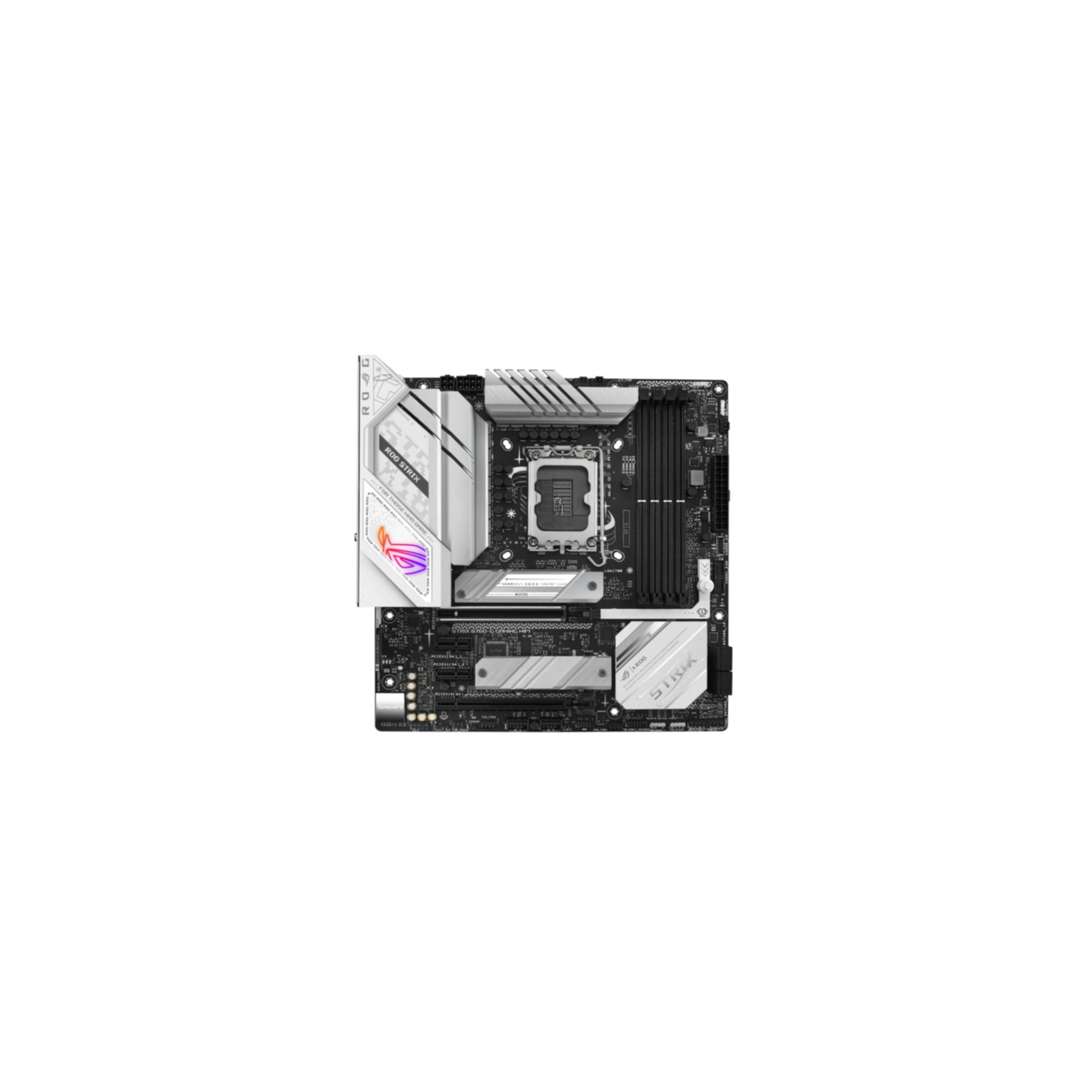 Una scheda madre per computer su sfondo bianco. La scheda è argento, nera e bianca.