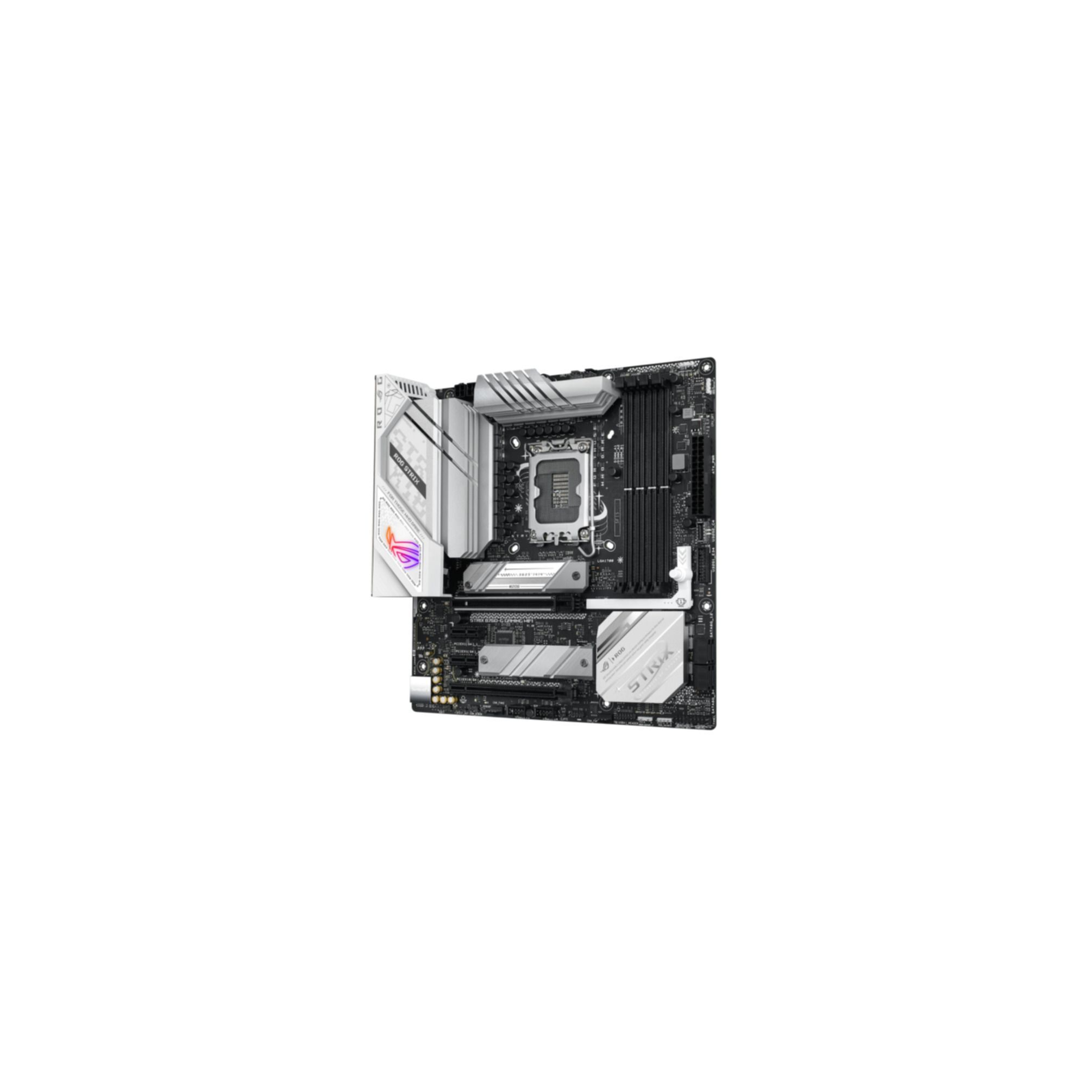 Una scheda madre bianca e nera con vari componenti e il logo ROG Strix.