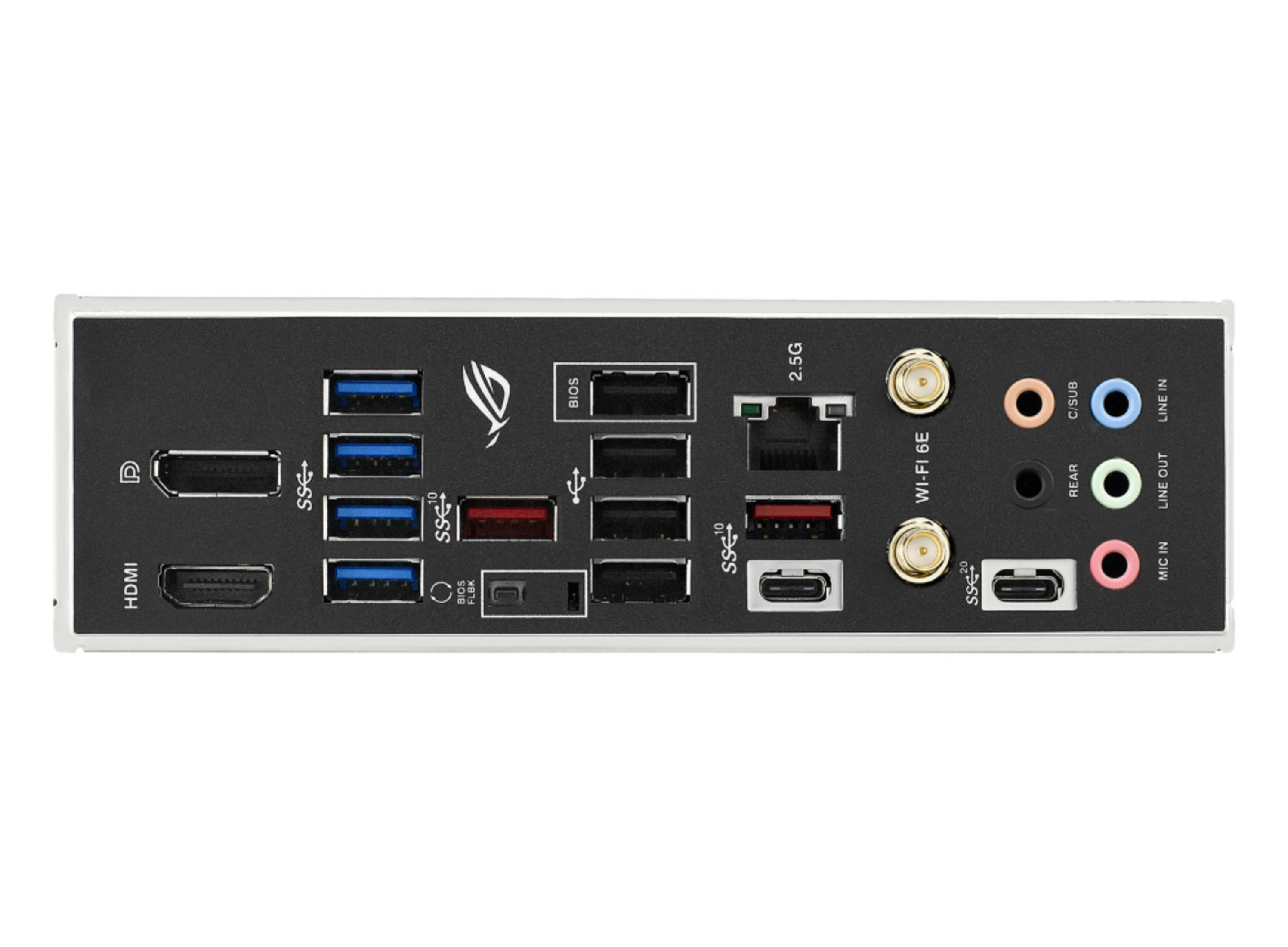 Motherboard's back panel with ports: HDMI, USB, audio, and network.  A white background.