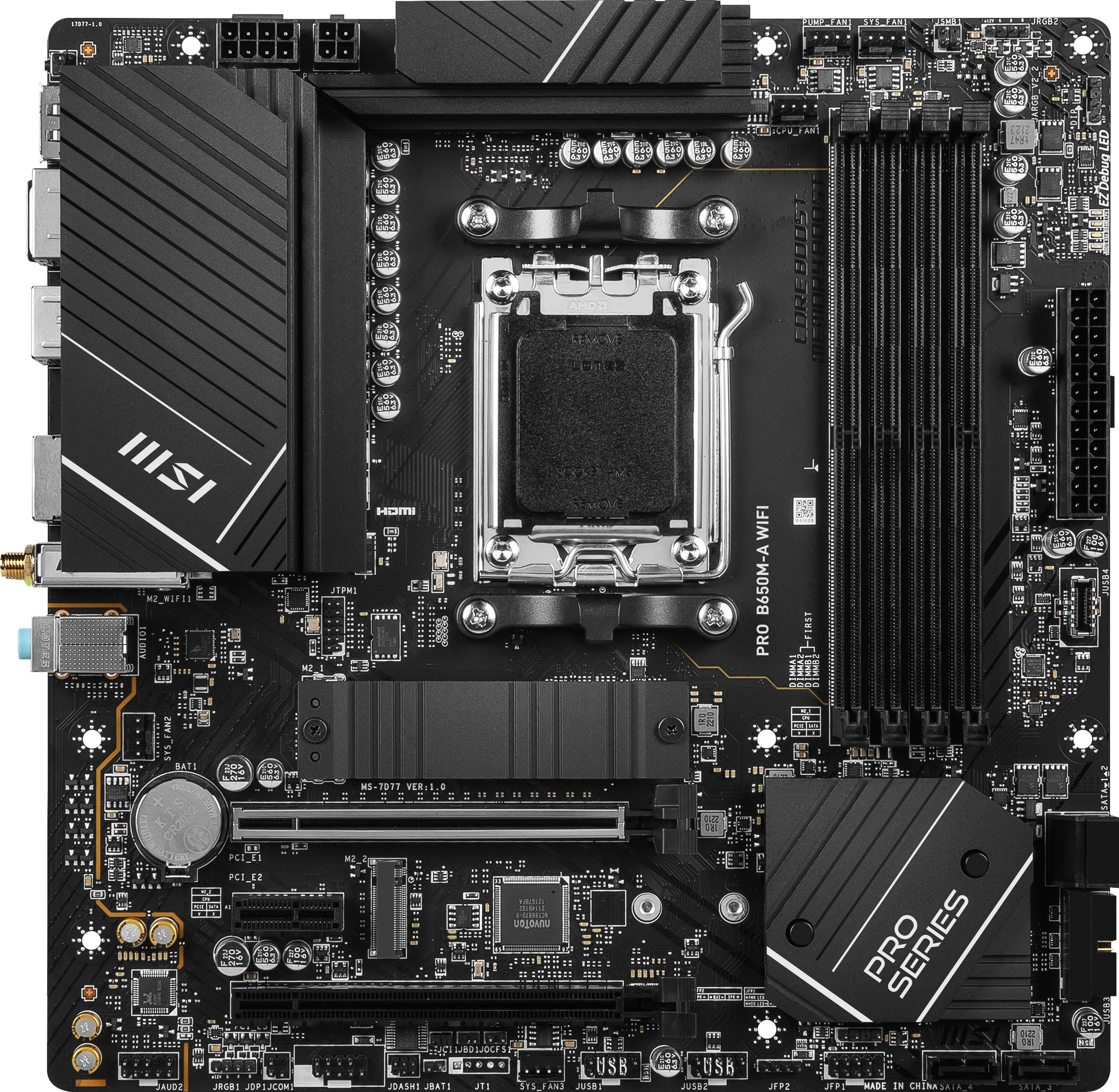 CPU soketi, RAM yuvaları ve çeşitli konektörler dahil olmak üzere çeşitli bileşenlere sahip siyah anakart.