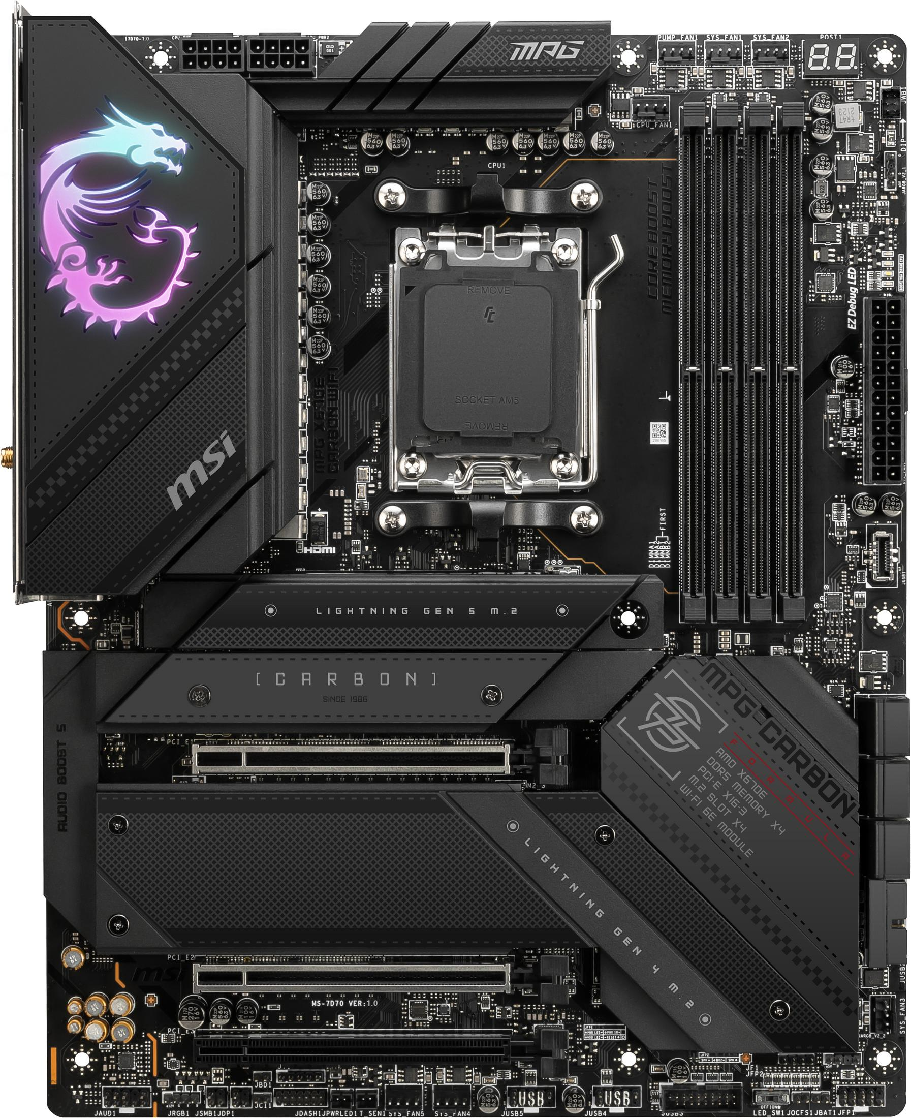 Carte mère MSI, noire avec de nombreux composants, dont un socket CPU et des slots RAM.