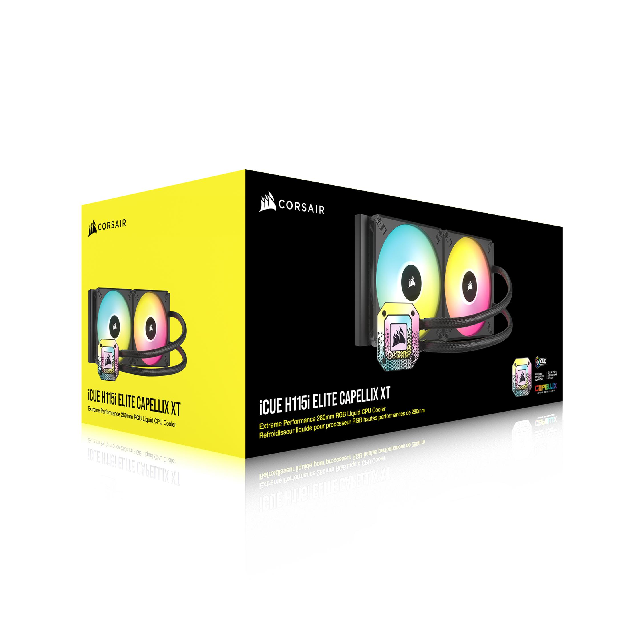 Box mit flüssigem CPU-Kühler. Enthält Lüfter und Schläuche. Gelbe und schwarze Verpackung.