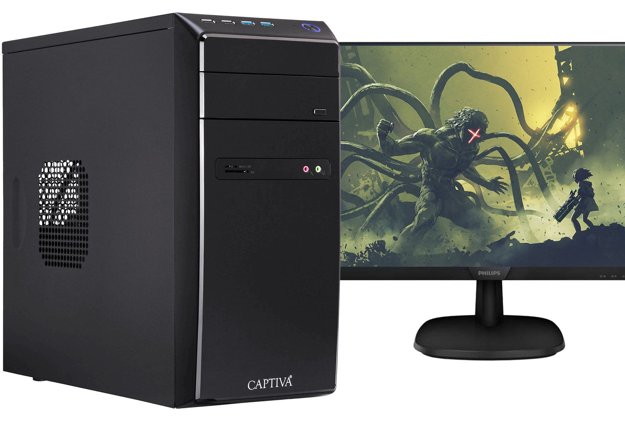 Case per computer nero con un monitor che mostra un mostro e una persona.