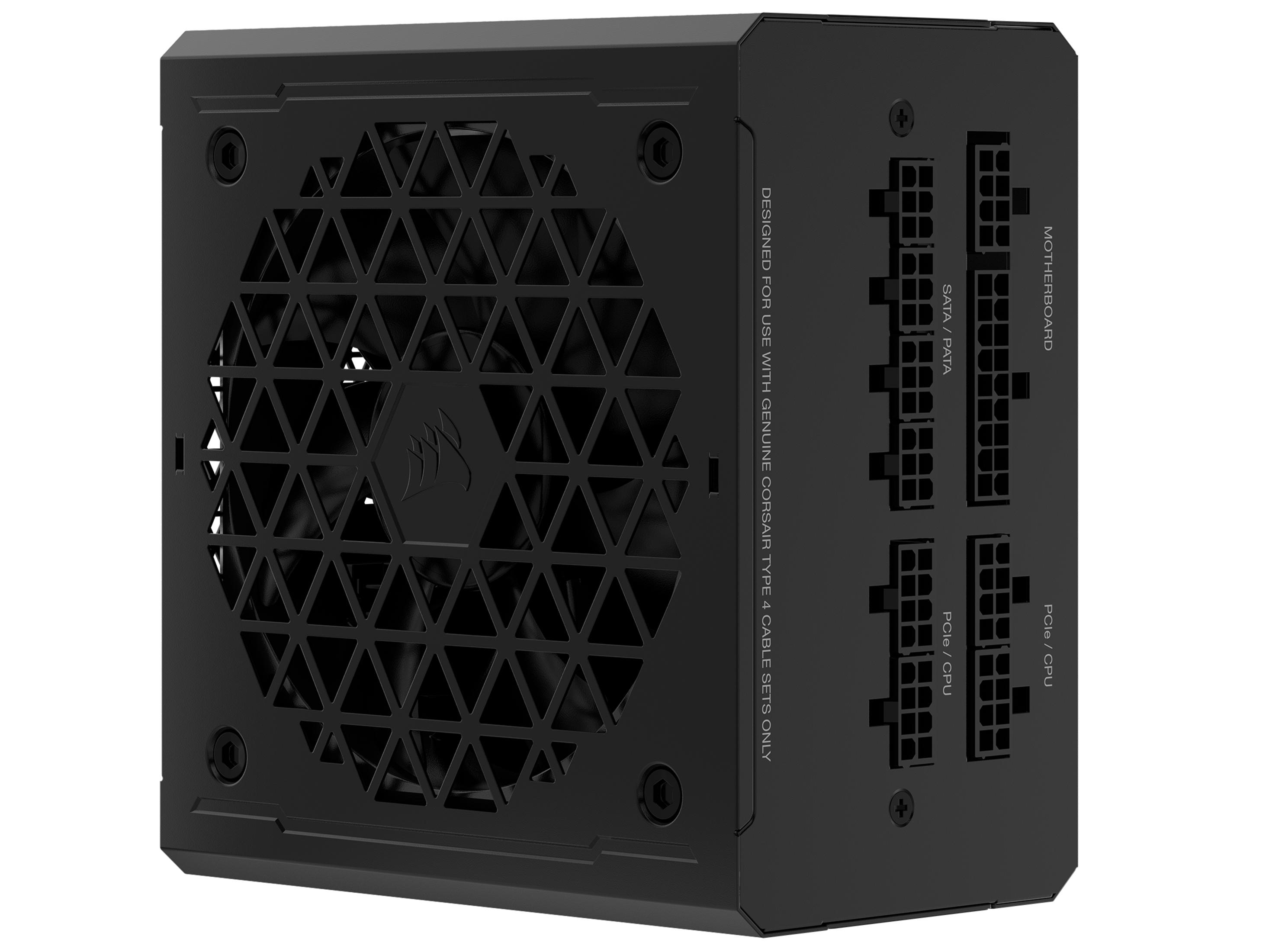 Un alimentatore nero con una ventola e porte per scheda madre e CPU. Il logo Corsair è visibile.