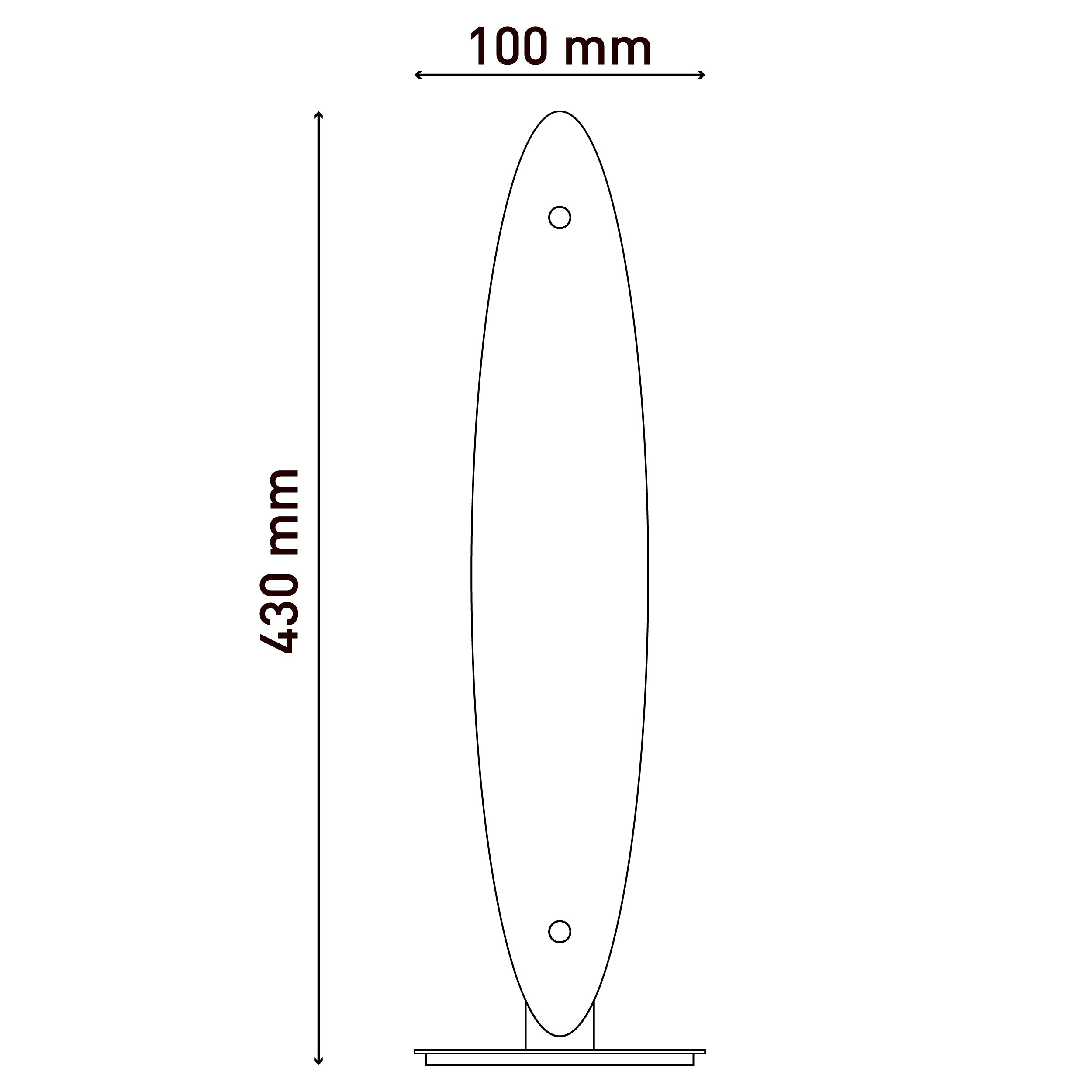 Eine vertikale Strichzeichnung eines langen ovalen Spiegels mit den Maßen: 100mm x 430mm.