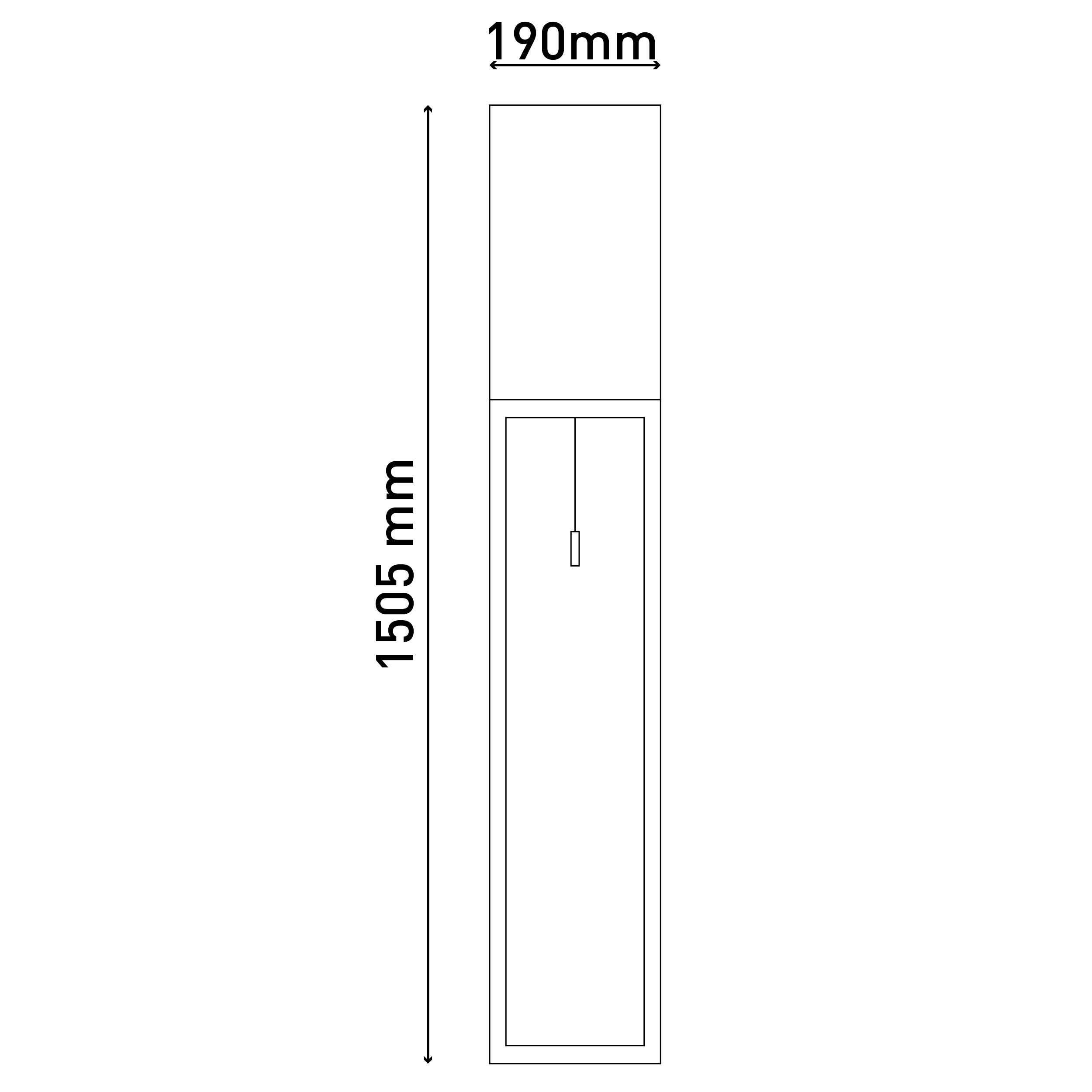 Diagramm eines hohen, rechteckigen Objekts mit in Millimetern beschrifteten Abmessungen.