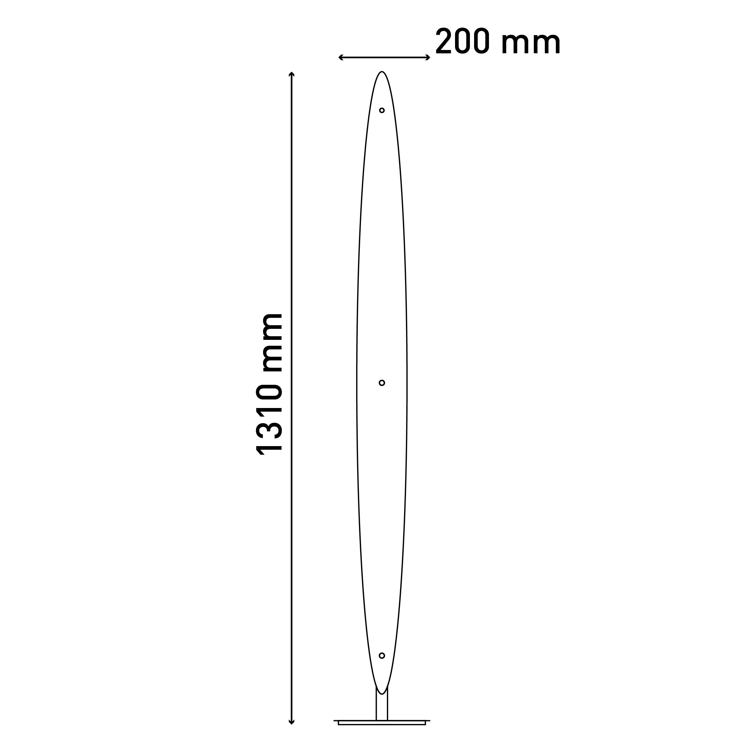 Ein hohes, dünnes, weißes, oval geformtes Schild mit Abmessungen in Millimetern.