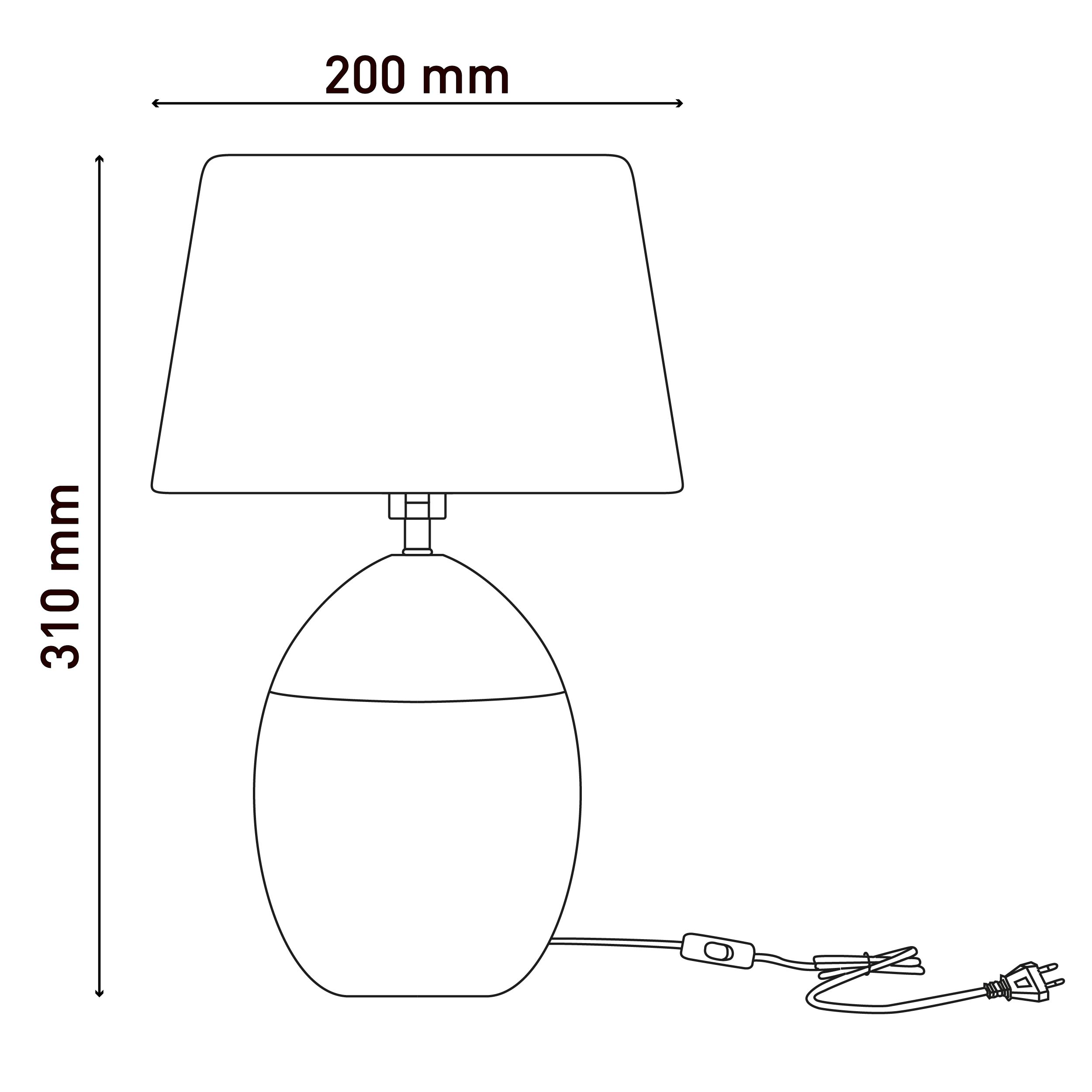 Tischlampe mit weißem Schirm, beigem Sockel und Maßen 200mm x 310mm.