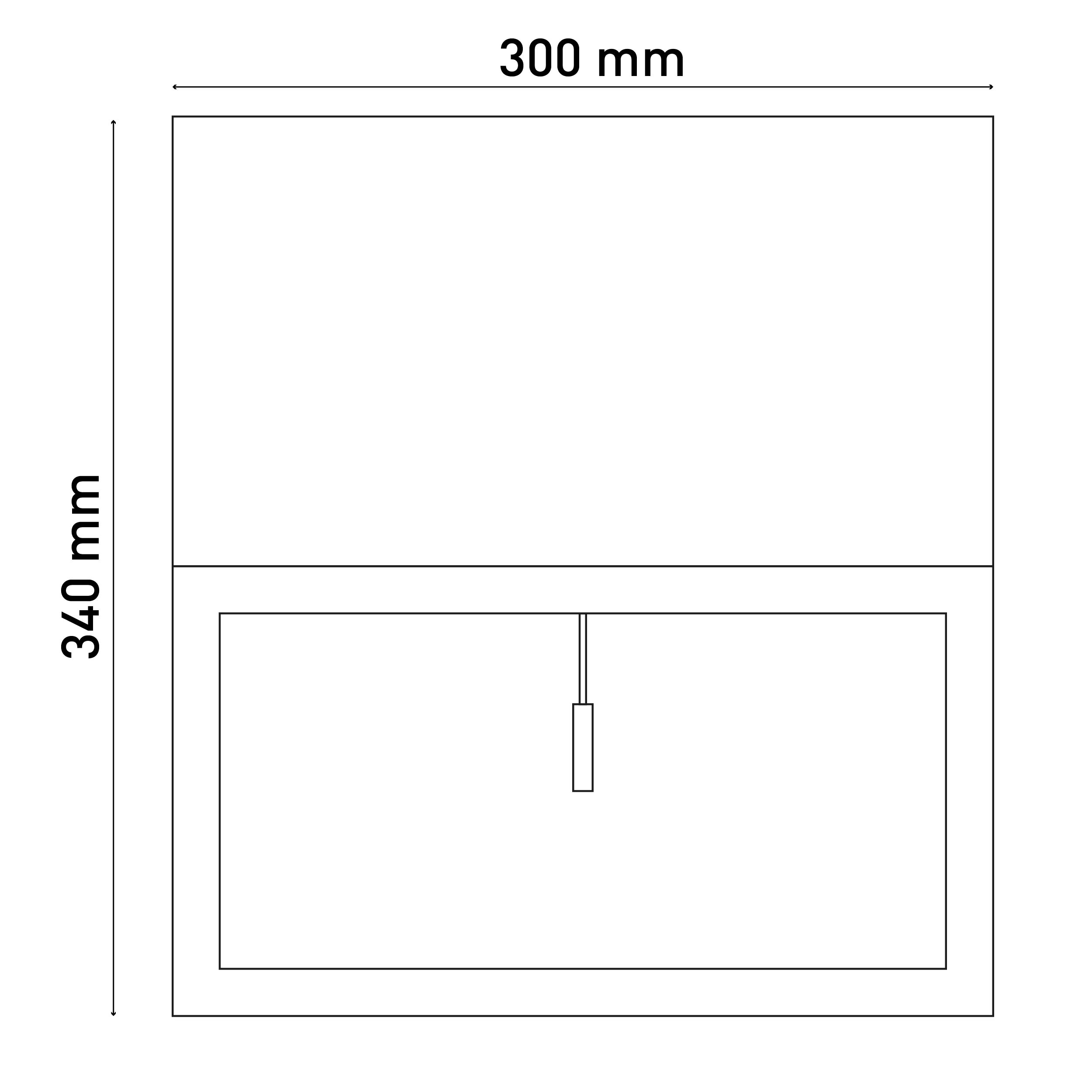 Umriss eines rechteckigen Waschbeckens und Schranks mit den Maßen 300 mm x 340 mm.