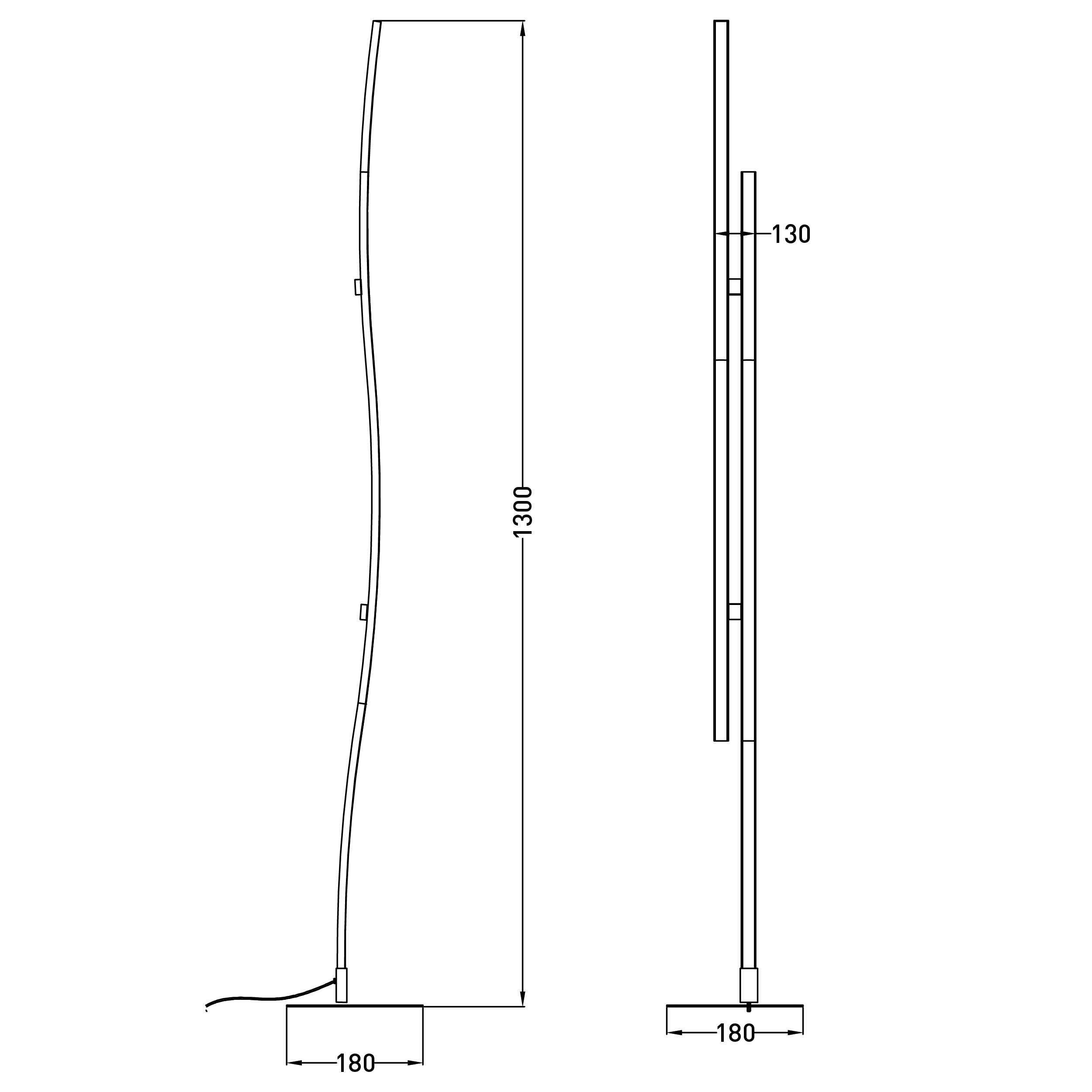 Zwei Diagramme einer hohen, gebogenen Stehlampe mit Abmessungen.