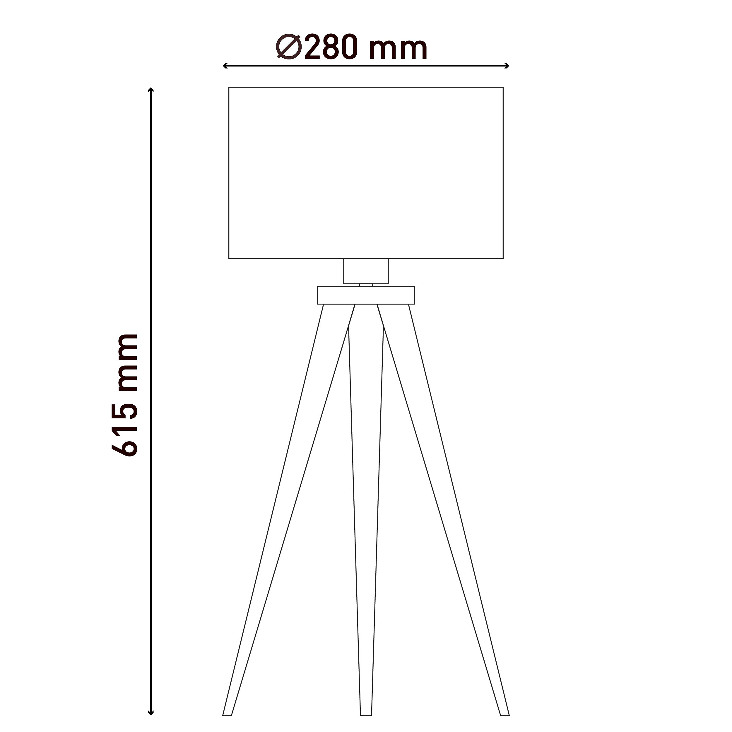 Strichzeichnung einer Stehlampe. Sie hat einen Lampenschirm und ein Stativ. Maße in mm angegeben.
