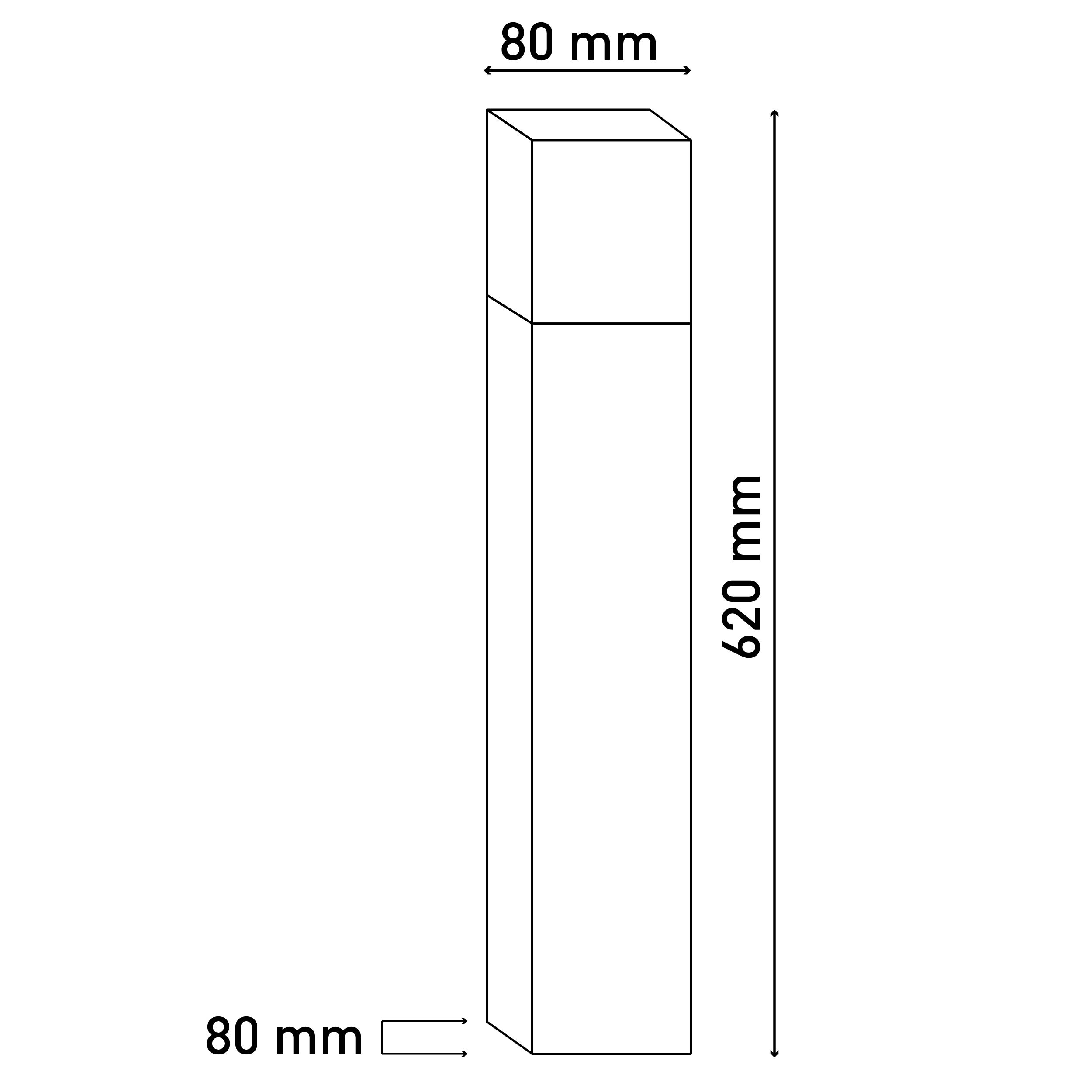 Diagramm einer rechteckigen Säule. Abmessungen: 80mm x 80mm x 620mm. Schwarze Linien auf Weiß.