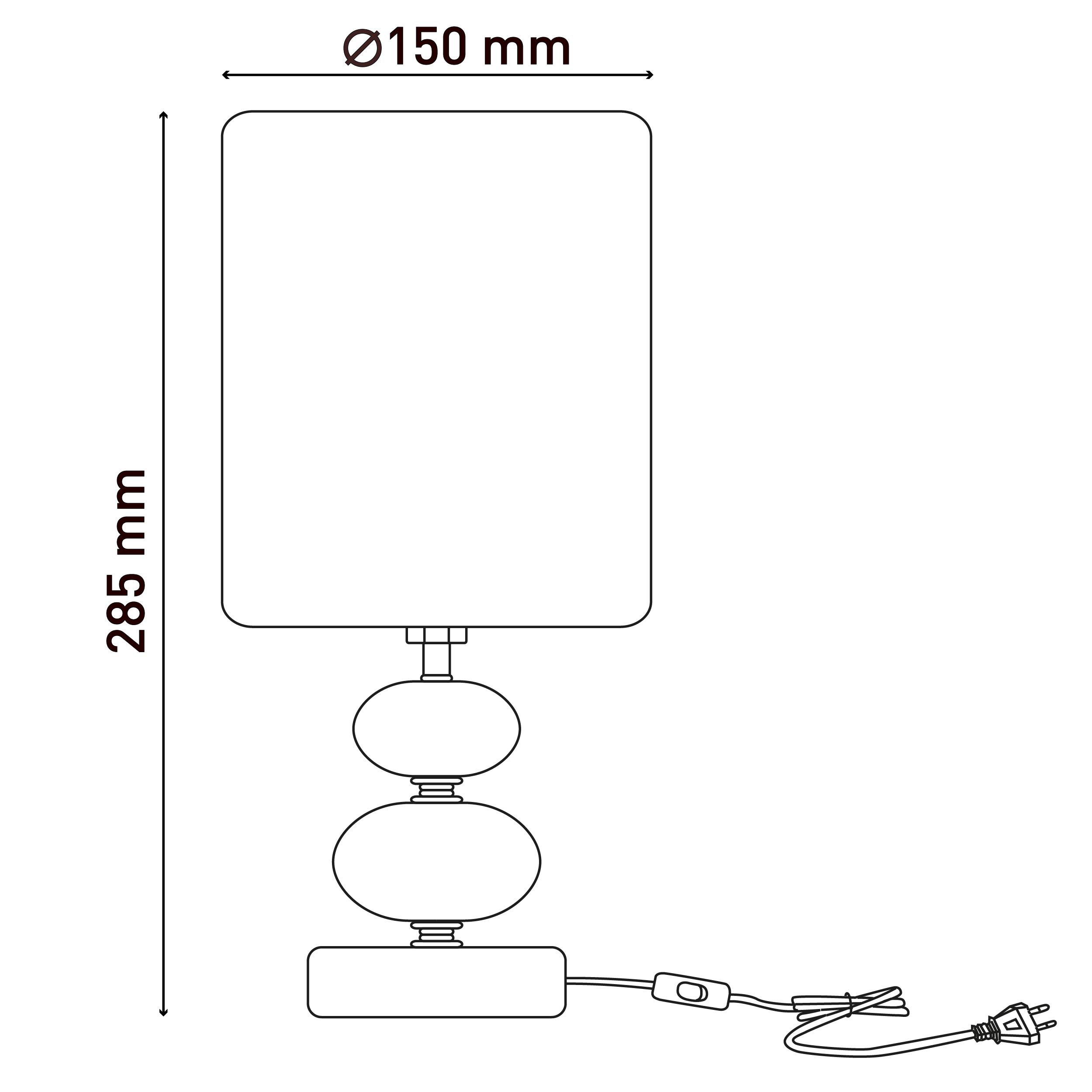 Diagramm einer Lampe mit Abmessungen. Die Lampe hat einen rechteckigen Schirm und einen runden Fuß.
