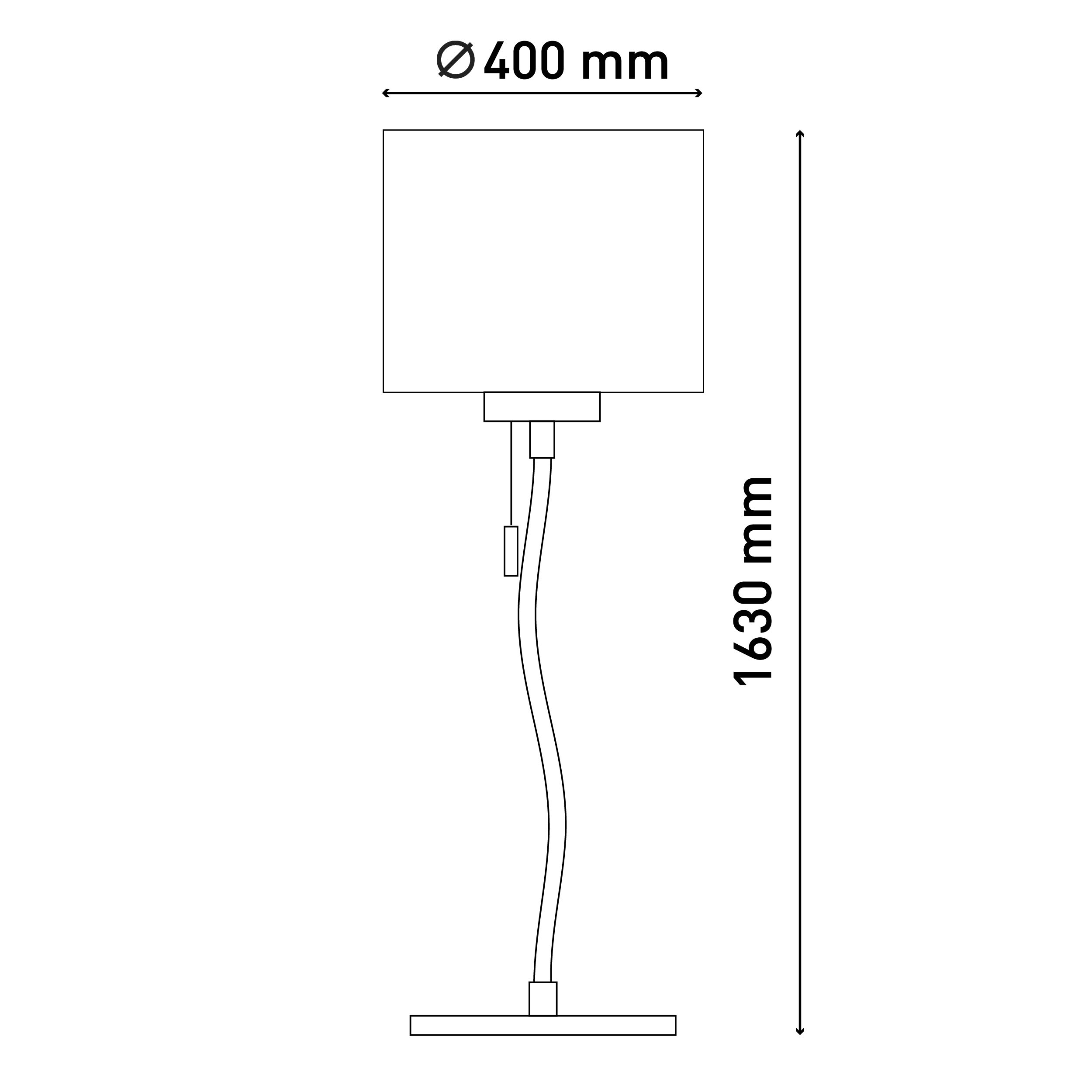 Eine hohe Lampe. Sie hat einen weißen Lampenschirm, einen gebogenen Stiel und eine quadratische Basis. Der Hintergrund ist weiß.