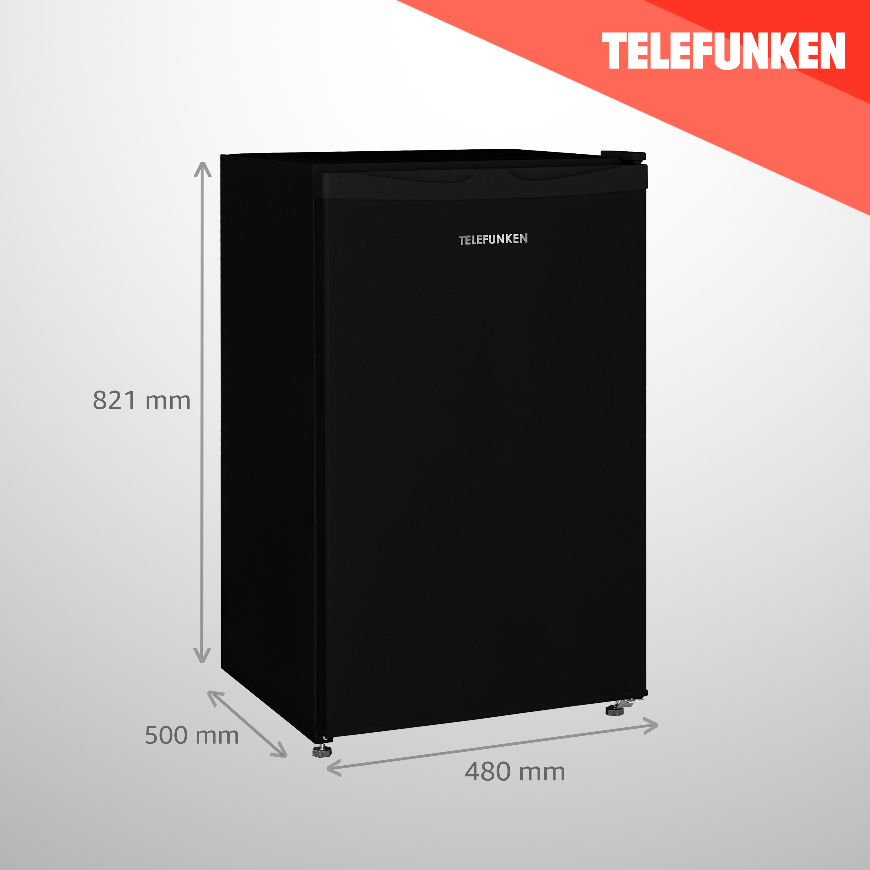 Schwarzer Telefunken Mini-Kühlschrank. Mit Telefunken-Logo und Abmessungen. Weißer Hintergrund.