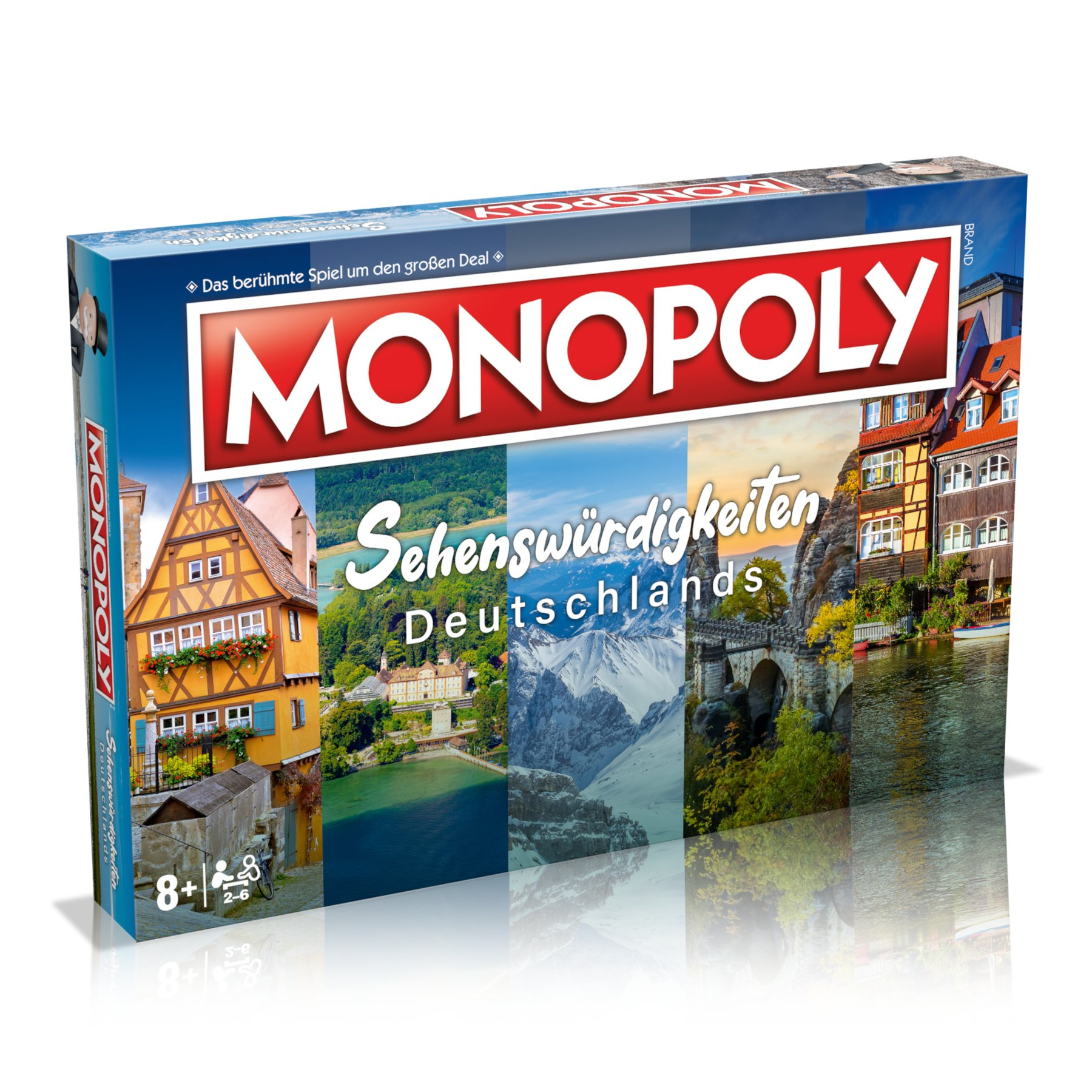 Monopoly-Spielbox mit deutschen Wahrzeichen. Roter Titel. Enthält Bilder von Gebäuden und Natur.