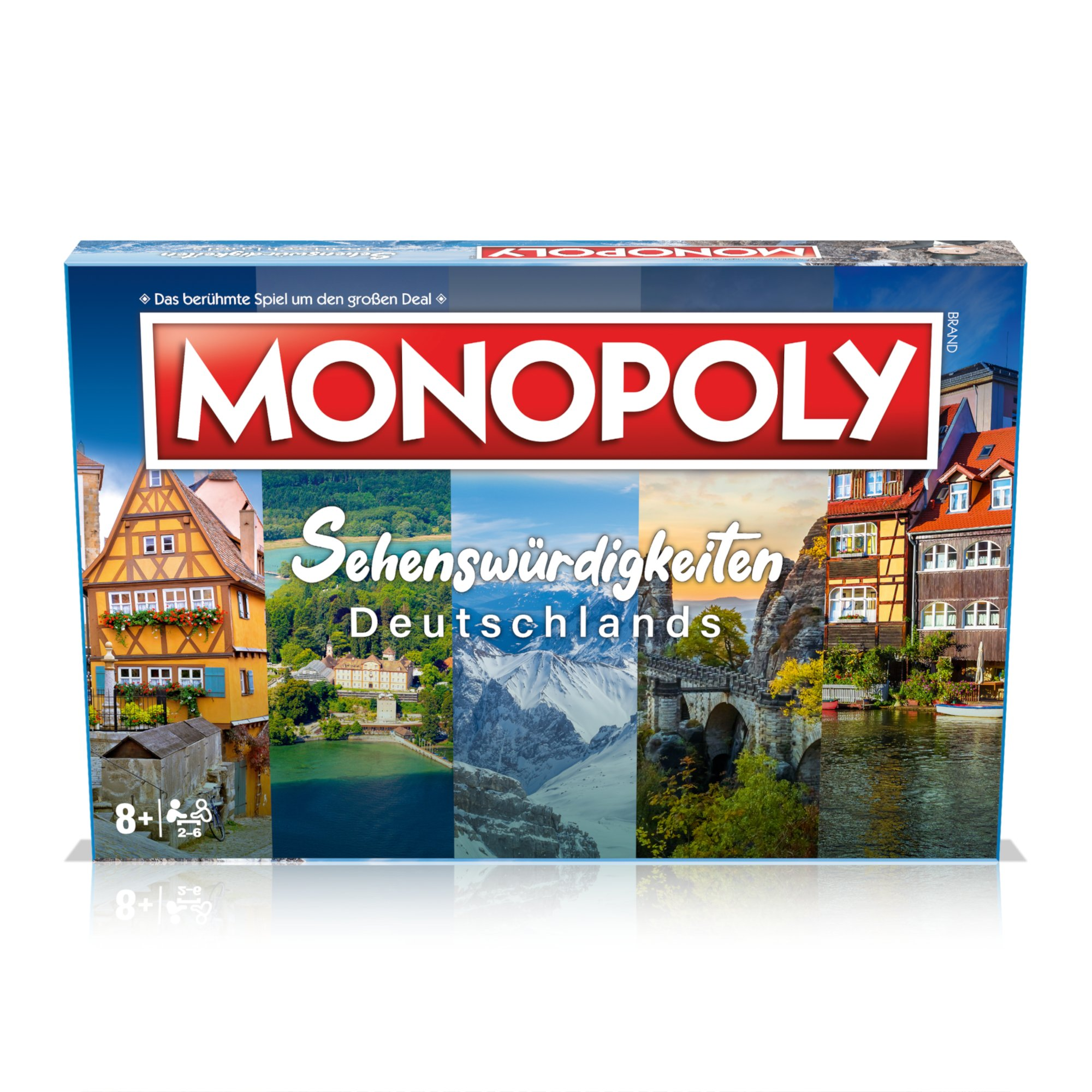 Monopoly-Brettspielbox mit malerischen Bildern Deutschlands und dem Spieltitel.