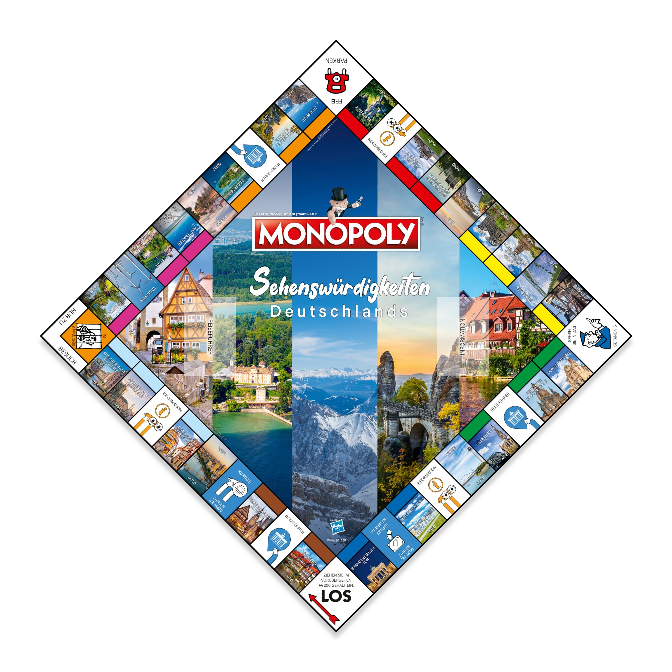 Monopoly-Spielbrett mit Deutschland-Thema, offen, mit verschiedenen Bildern darauf.
