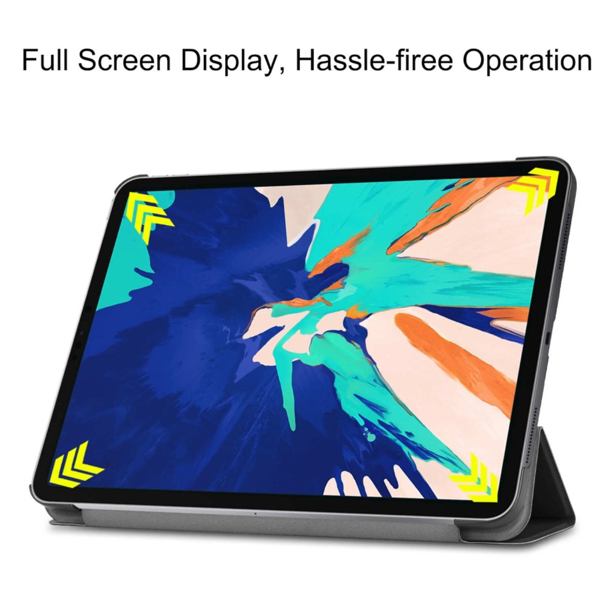 Tablet in Hülle mit farbigem Bild, Text oben: 'Full Screen Display'.