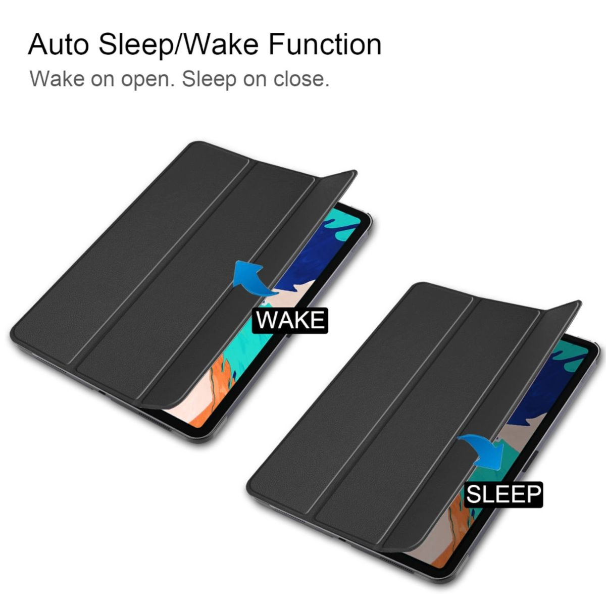 Zwei schwarze Tablet-Hüllen. Eine offene zeigt 'WAKE', die andere 'SLEEP'. Der Hintergrund ist weiß.