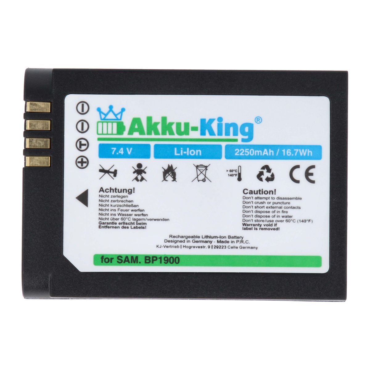 AKKU-KING Akku kompatibel BP-1900 Li-Ion Volt, mit Samsung 7.4 Kamera-Akku, 2250mAh