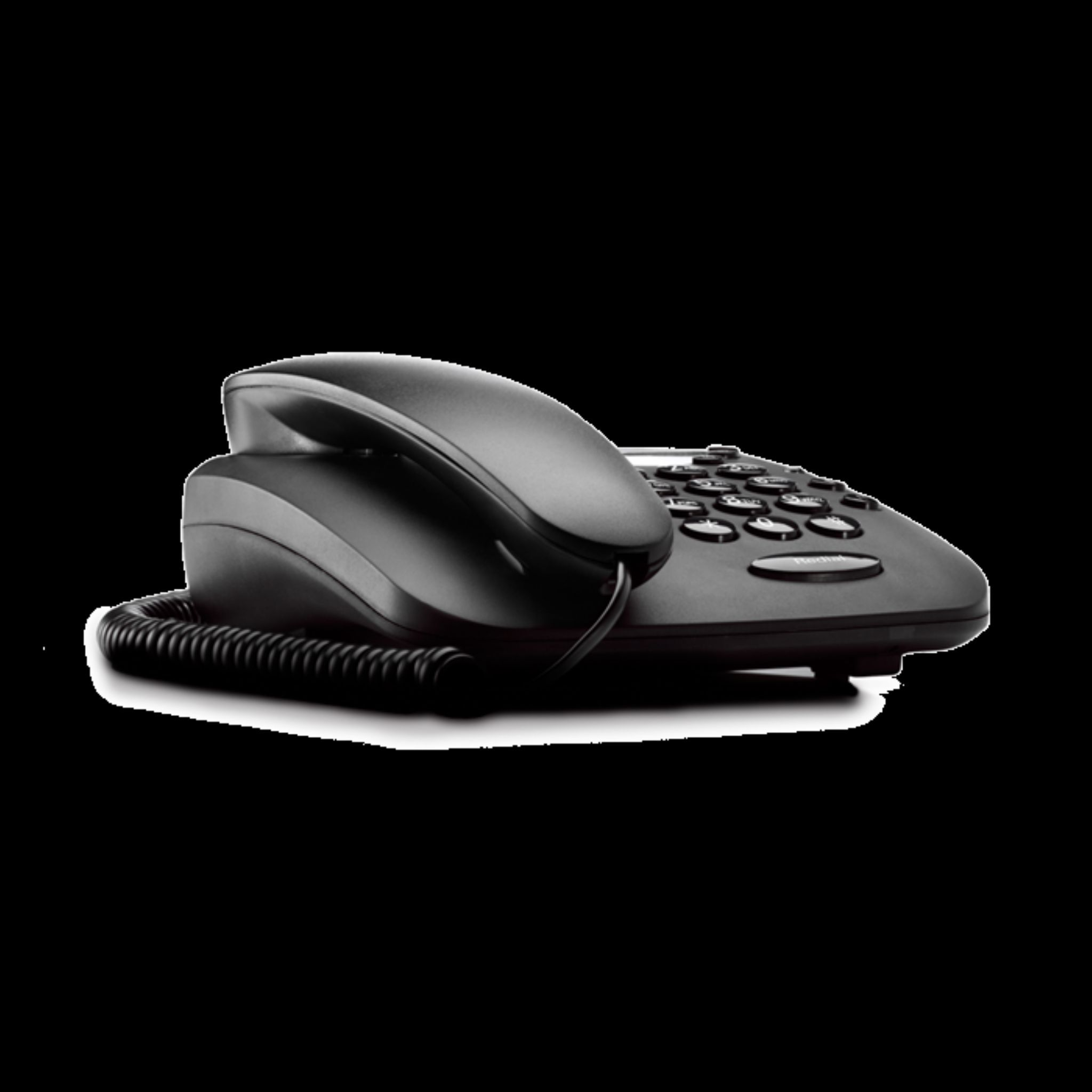 Teléfono negro con auricular y teclado numérico.