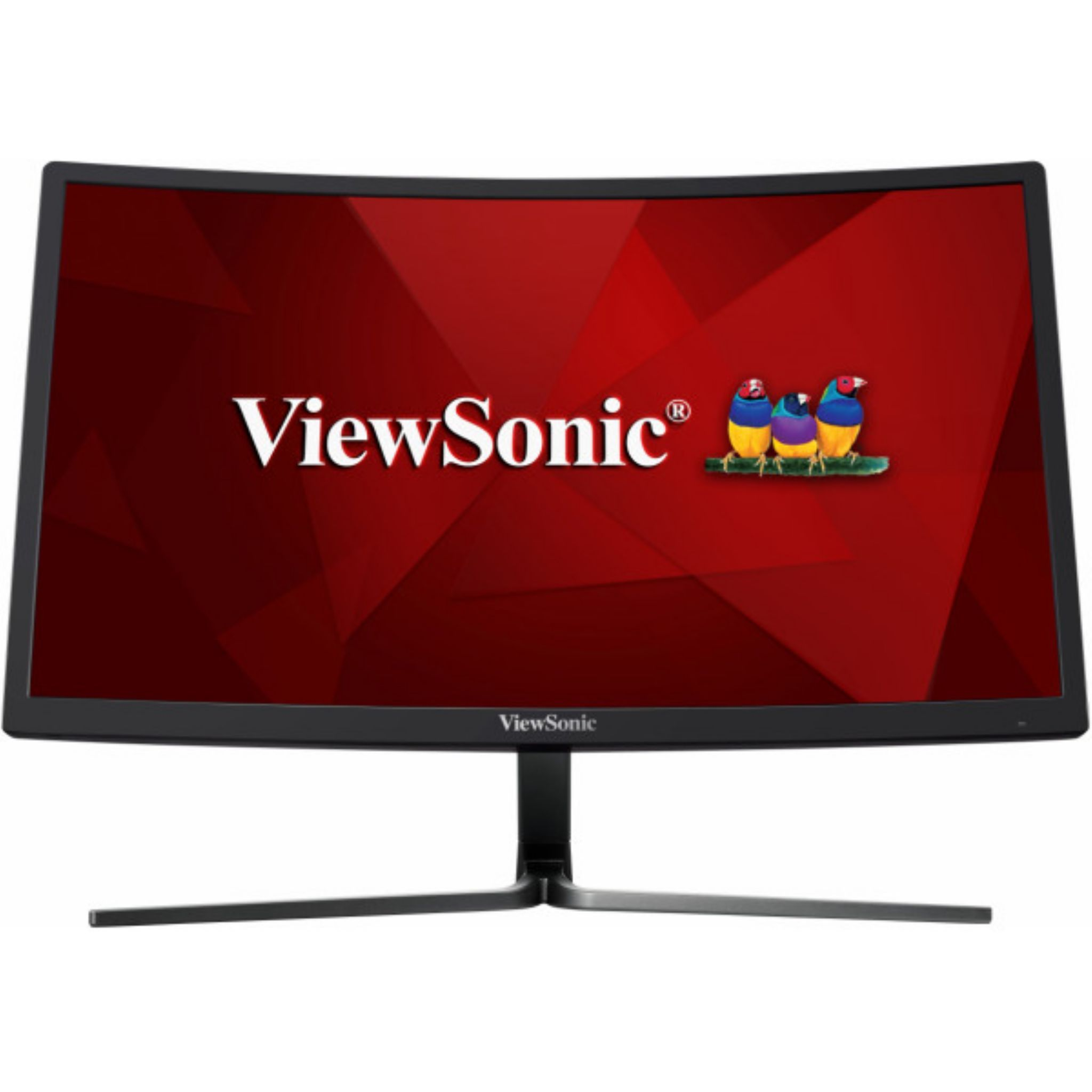 Zakrzywiony czarny monitor ViewSonic z czerwonym tłem, logo i ptakami.