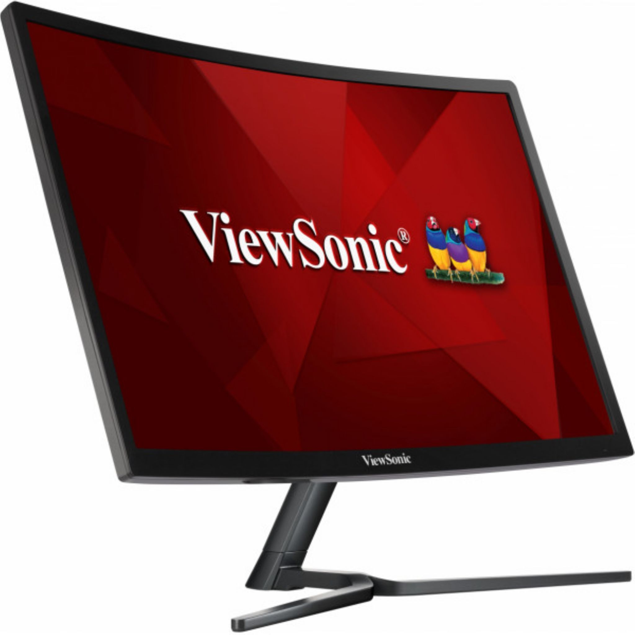 Zakrzywiony monitor z czerwonym ekranem wyświetlającym logo ViewSonic i ptaki.