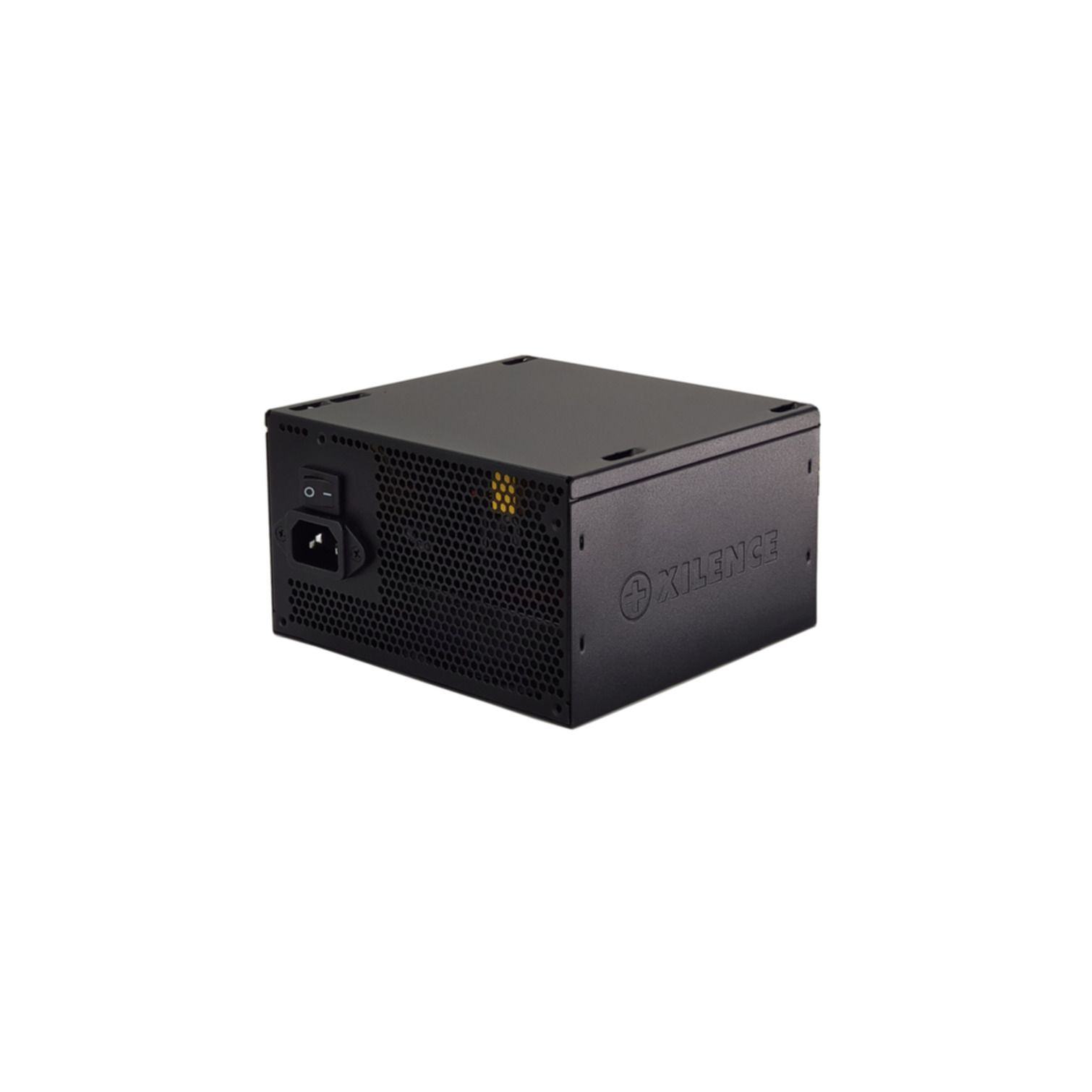 Alimentatore nero. Ha un interruttore di alimentazione e varie porte di connessione.