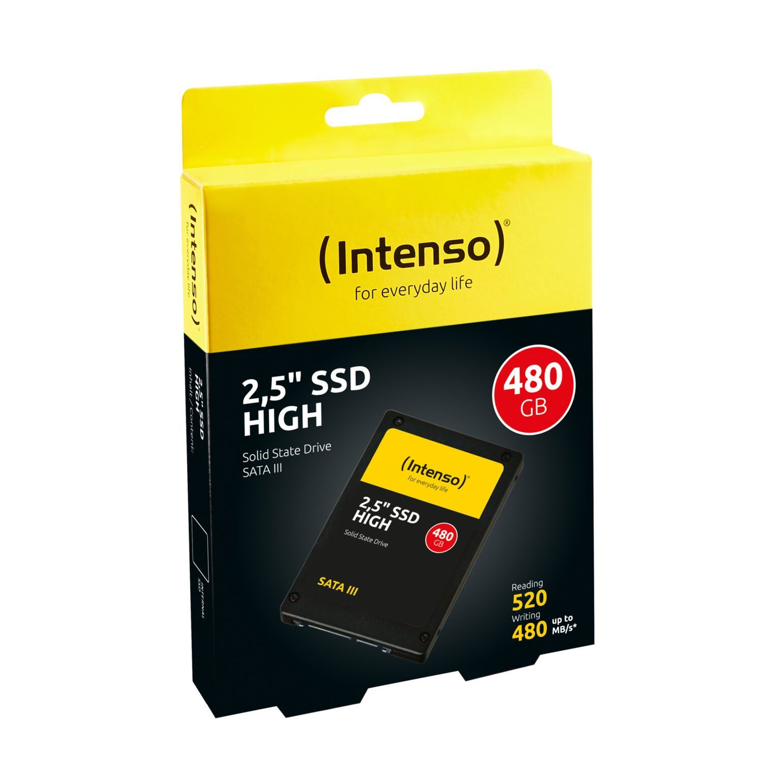 Pudełko Intenso 2.5" SSD HIGH, z widocznym dyskiem SSD, pokazujące pojemność 480 GB.
