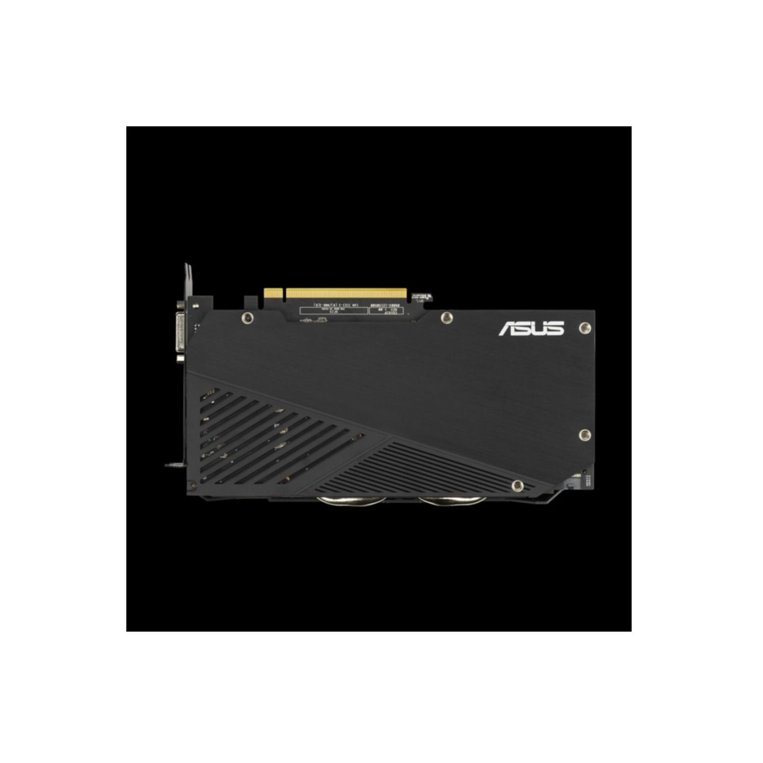 Rückseite einer schwarzen ASUS-Grafikkarte auf schwarzem Hintergrund. Das ASUS-Logo ist sichtbar.