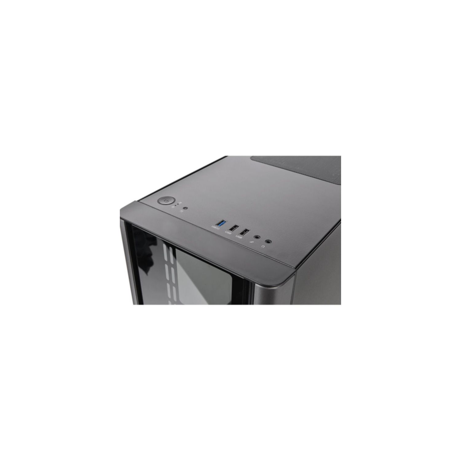 Un case per computer con un pulsante di accensione e porte USB sulla parte superiore.