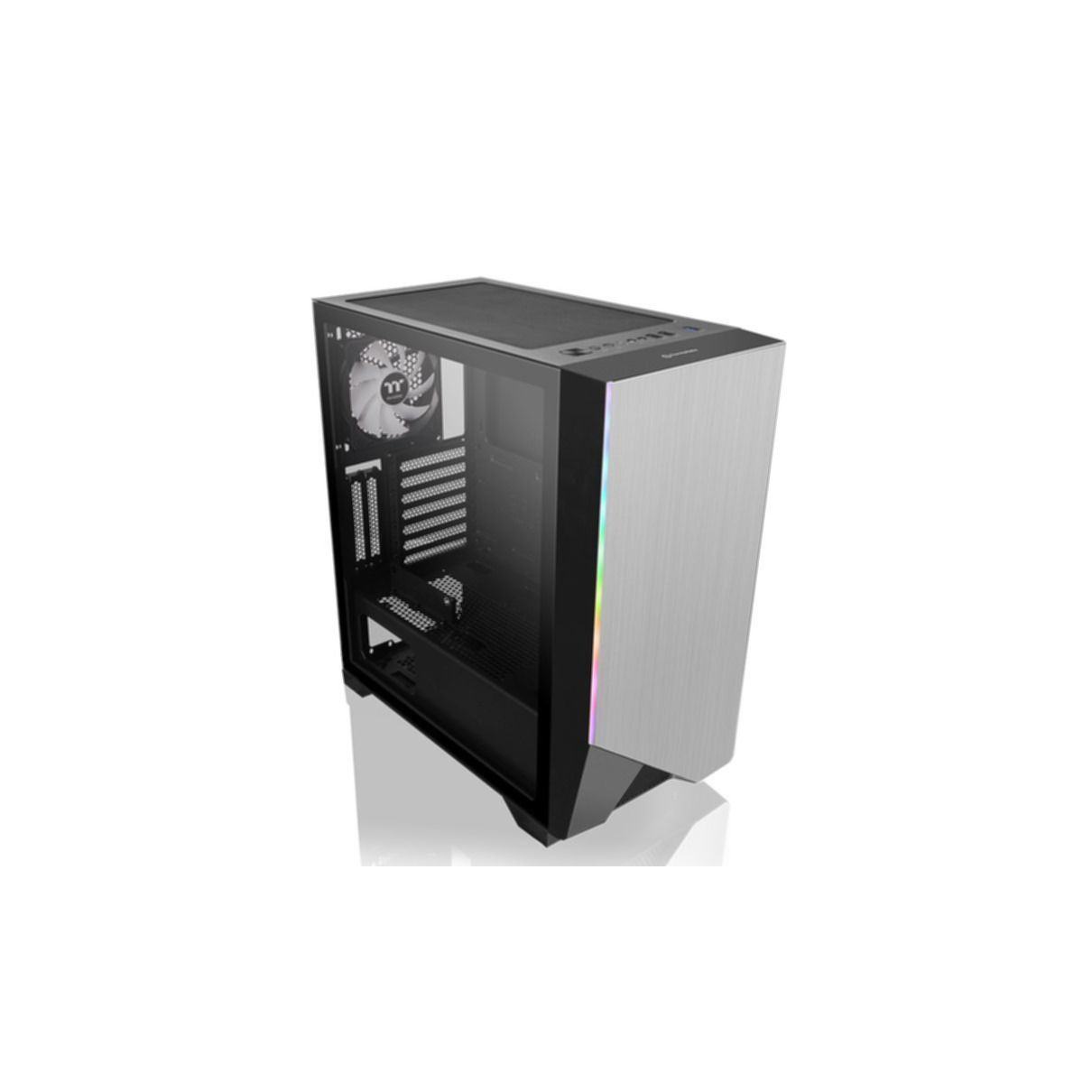 Obudowa komputera z bocznym panelem szklanym i srebrnym panelem przednim.