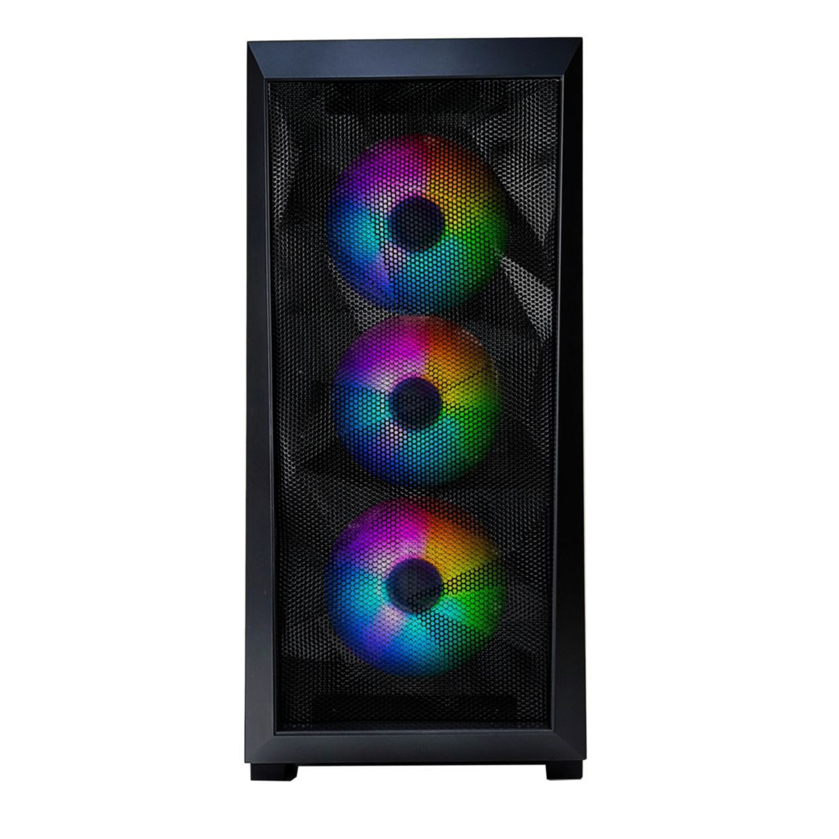 Un boîtier d'ordinateur avec trois ventilateurs colorés à l'avant, derrière un panneau en mesh, boîtier noir.